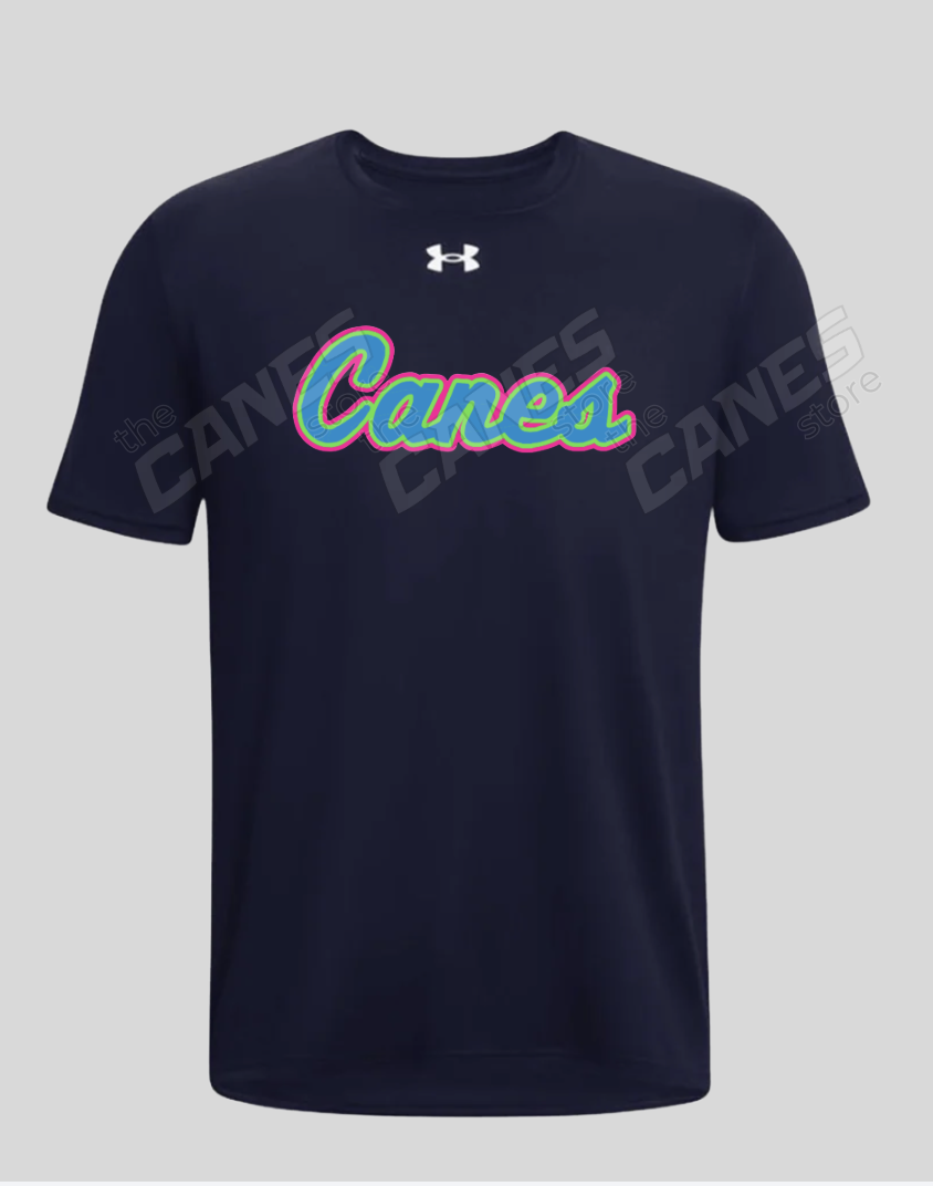 UA Canes Neon Navy Tech Tee Adult