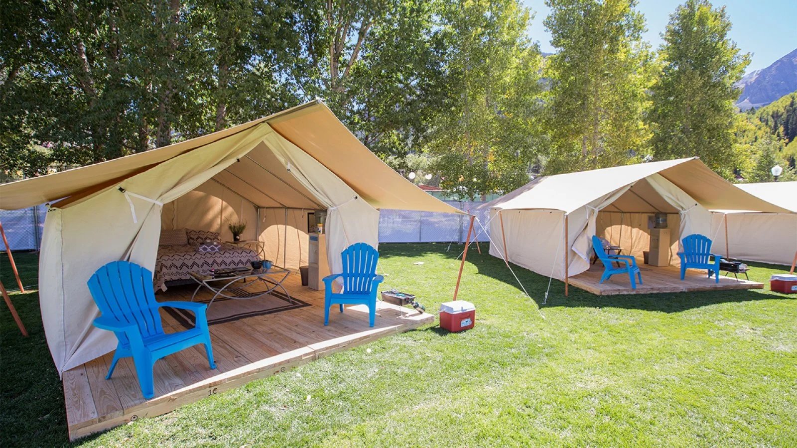 <p><strong>Glamping</strong> Stay in a luxury wall tent located in a prime camping location. <a href= /camping/#glamping >More →</a></p>