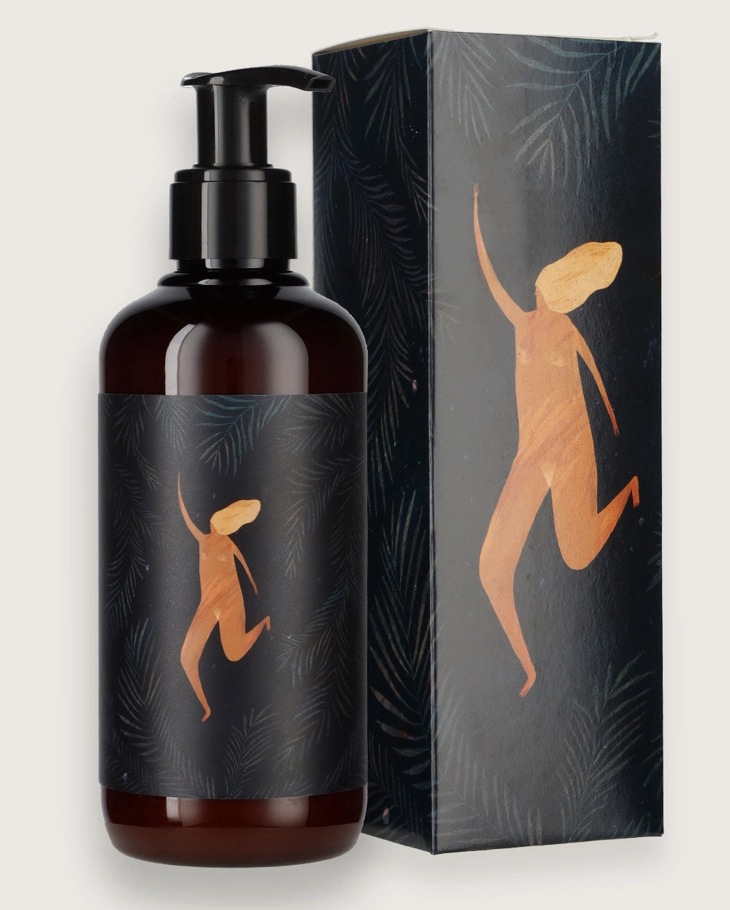 Dark amber bottle with black pump dispenser and matching box, both featuring abstract design of a running figure in orange.