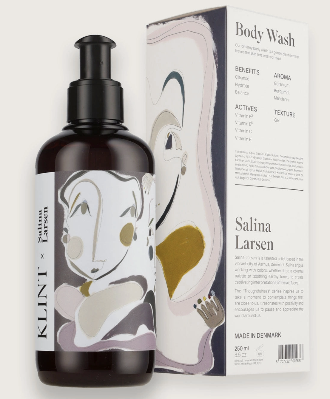 Klint Salina Larsen body wash packaging featuring abstract face artwork, benefits like cleanse and hydrate, and aroma details such as geranium and bergamot.