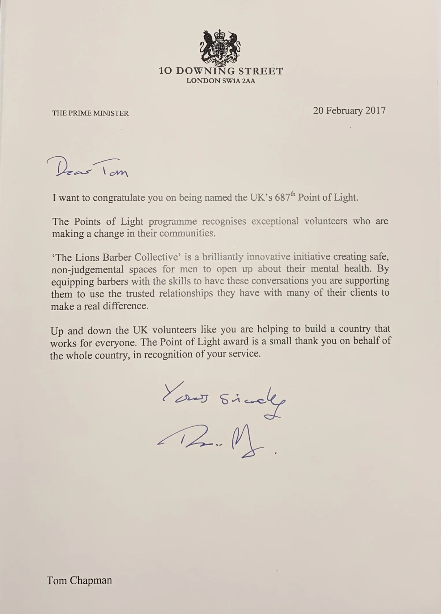 Letter from UK Prime Minister, Teresa May