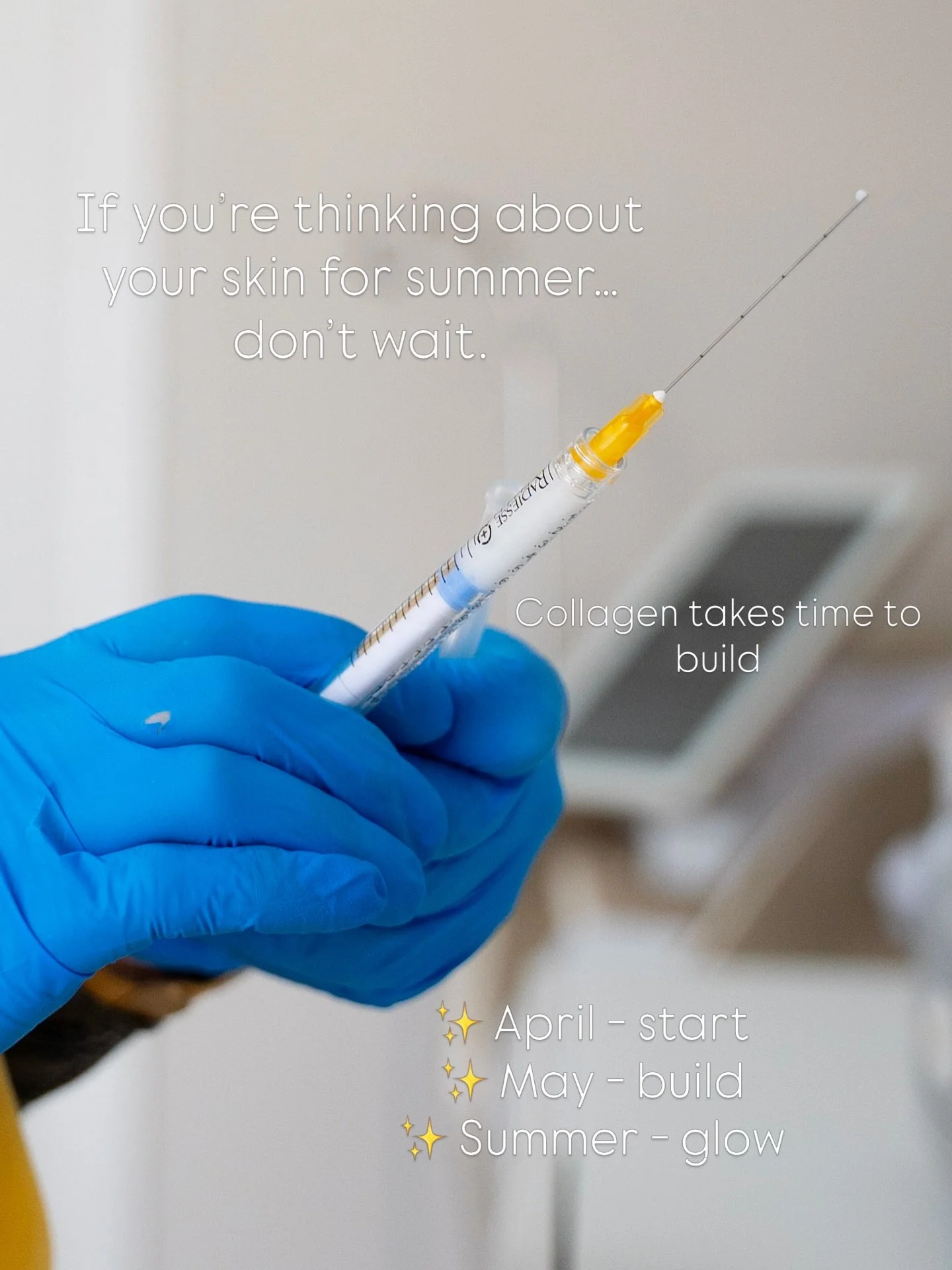 If you&rsquo;re thinking about your skin for summer! don&rsquo;t wait.

A big misconception is that skin treatments give instant results! 

The best ones don&rsquo;t

Collagen takes time to build, which means the treatments that give you the most nat