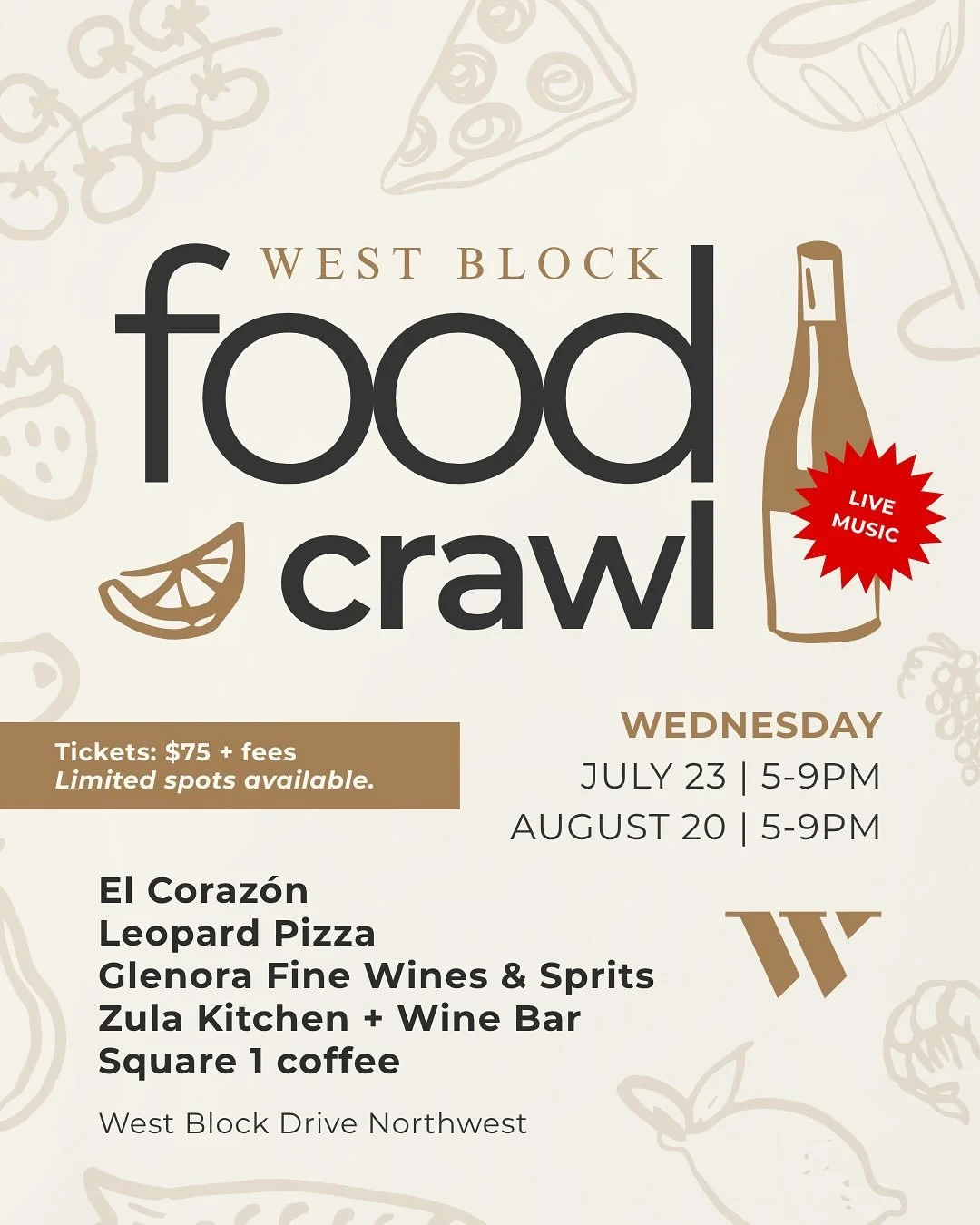 The team is pumped to be consulting with @westblockglenora to bring the first ever West Block Food Crawl!

5 amazing hospitality businesses in one evening. Tickets are just $75 (plus fees) &amp; you will get to try 5 different menus! 

There are only