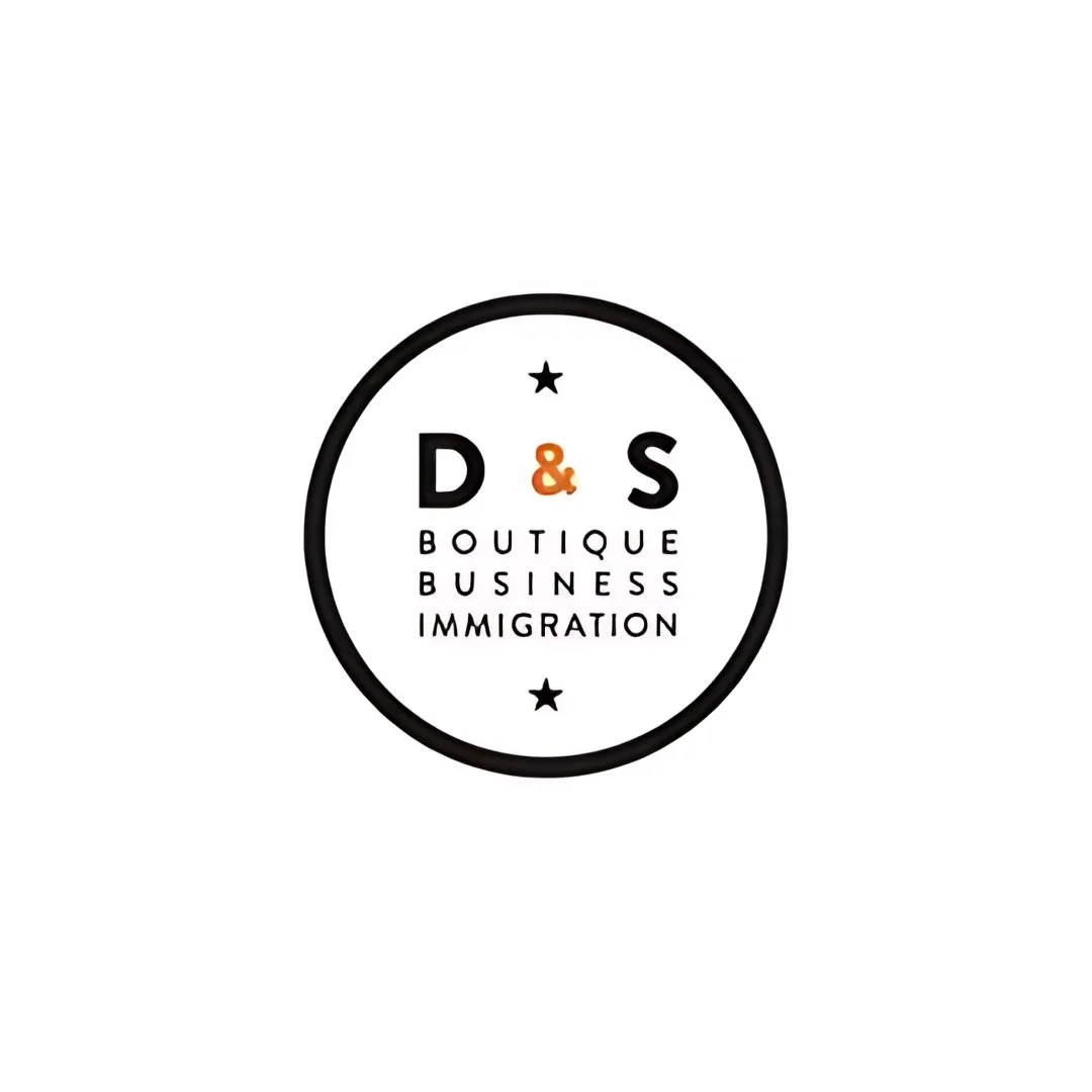 Logo for D & S Boutique Business Immigration, featuring black text and stars within a black circular outline.