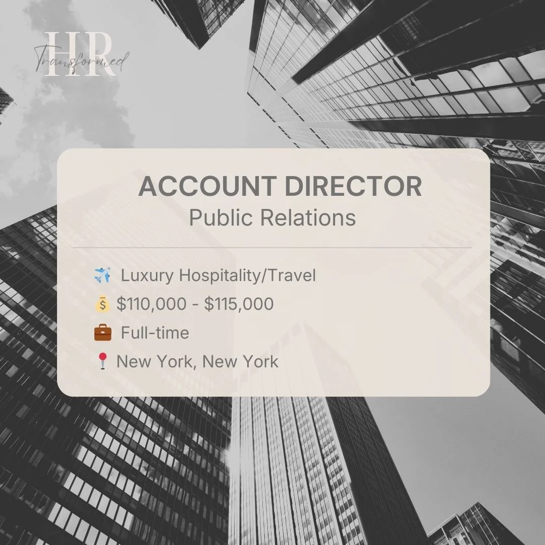 Business presentation slide with skyscraper buildings in black and white background, displaying an account director job profile for public relations, specializing in luxury travel. Salary range $110,000-$115,000, full-time hybrid position in New York City.