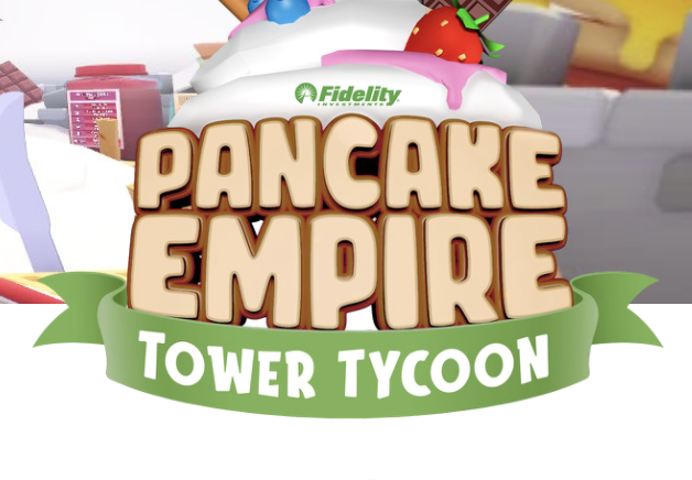 Logo for Pancake Empire Tower Tycoon game with green banner and large stylized text