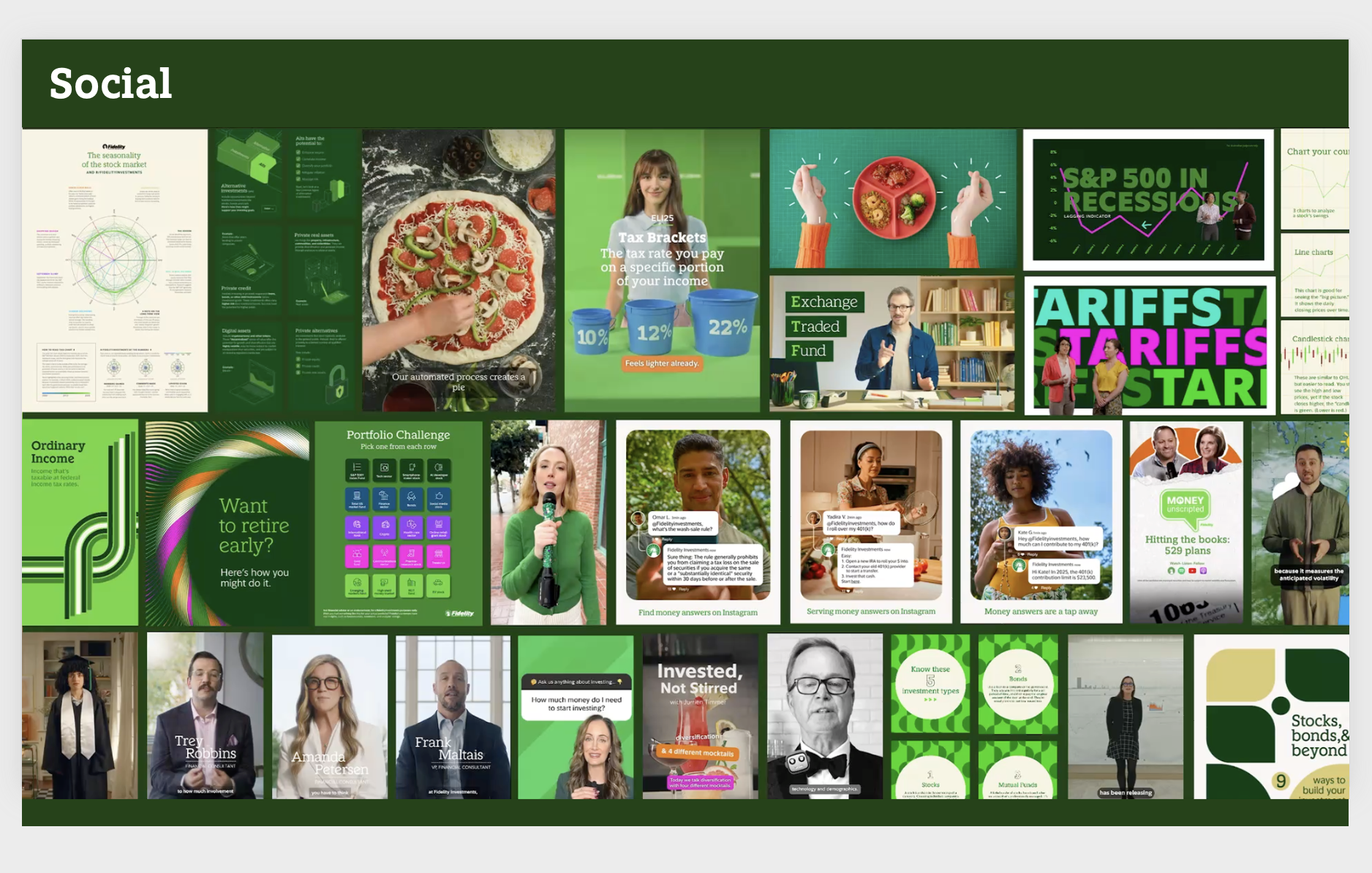 A collage of social media posts, infographics, and video thumbnails related to finance, investments, and retirement planning, featuring people speaking, charts, and text in predominantly green color.