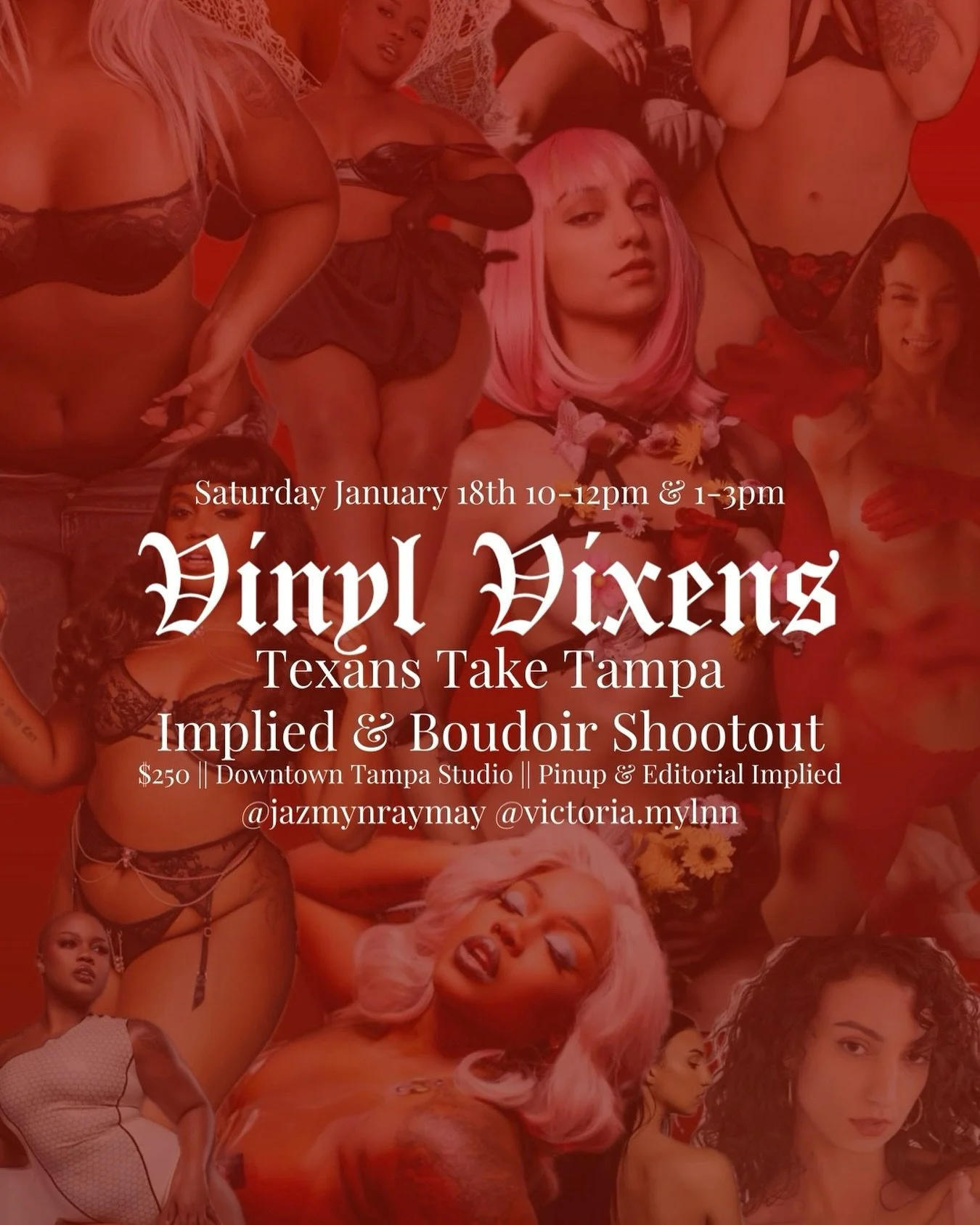 Join travel models Jazmyn (@jazmynraymay ) and Victoria (@victoria.mlynn ) for their debut Tampa event! Hosted by Destiny Hall Lewis (@capturedbydestinyllc ), this downtown Tampa Shootout features playful pin-up and vinyl boudoir vibes, followed by a