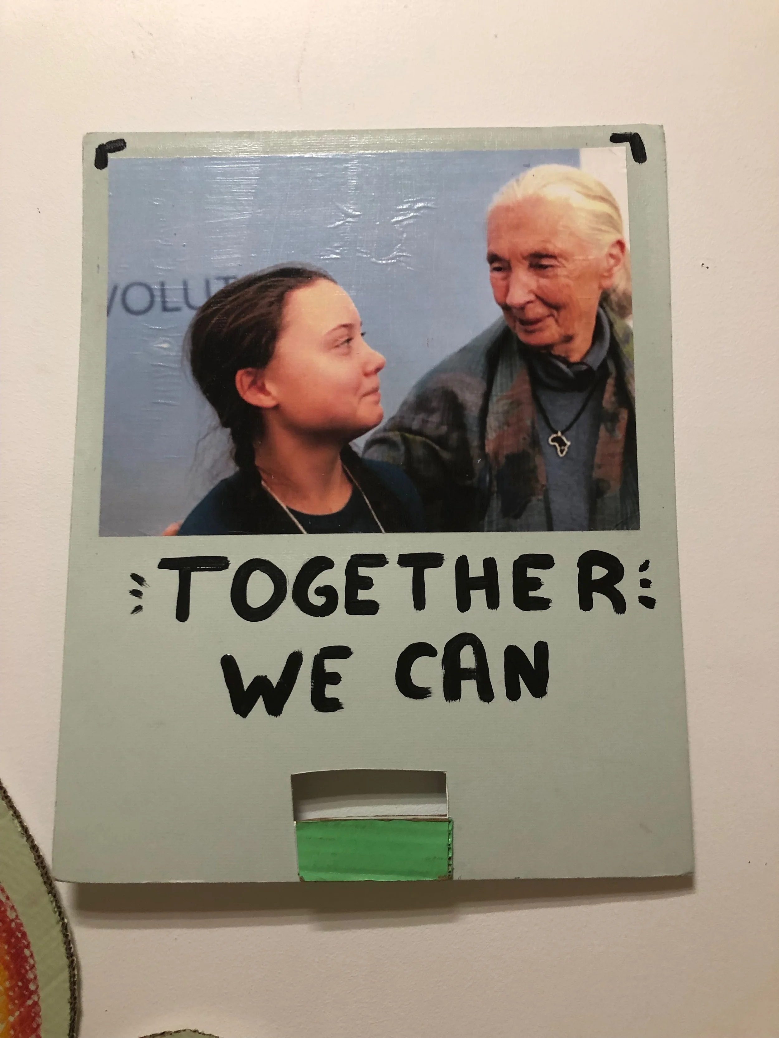 A sign featuring Greta Thunberg and Jane Goodall, made by United to End Racism