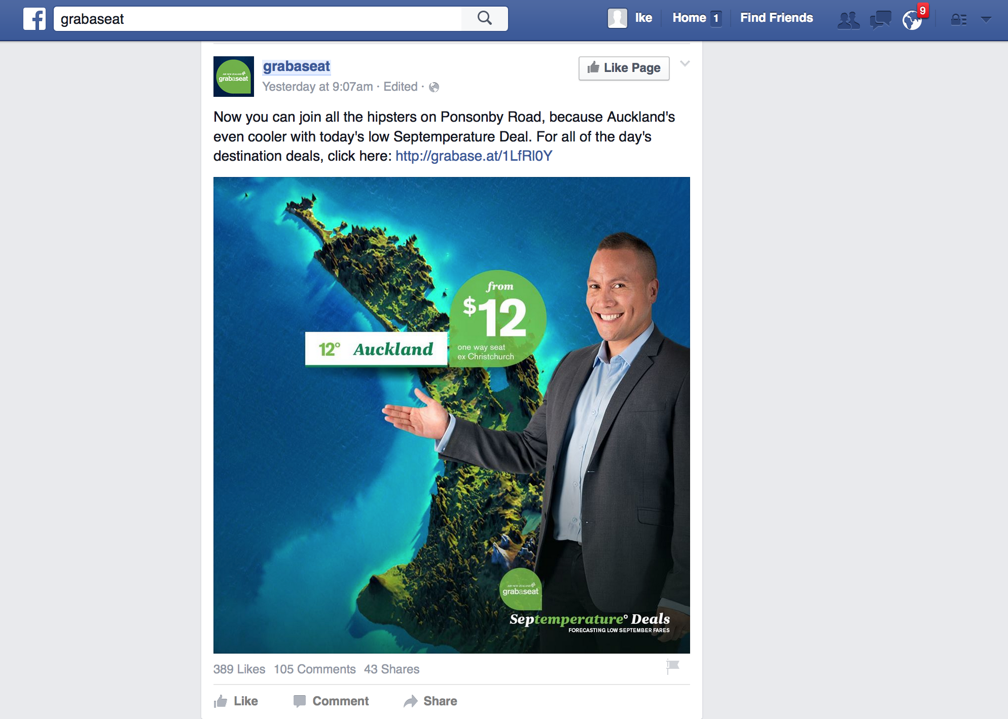 Grabaseat 'Septemperature' Auckland Deal Facebook Post