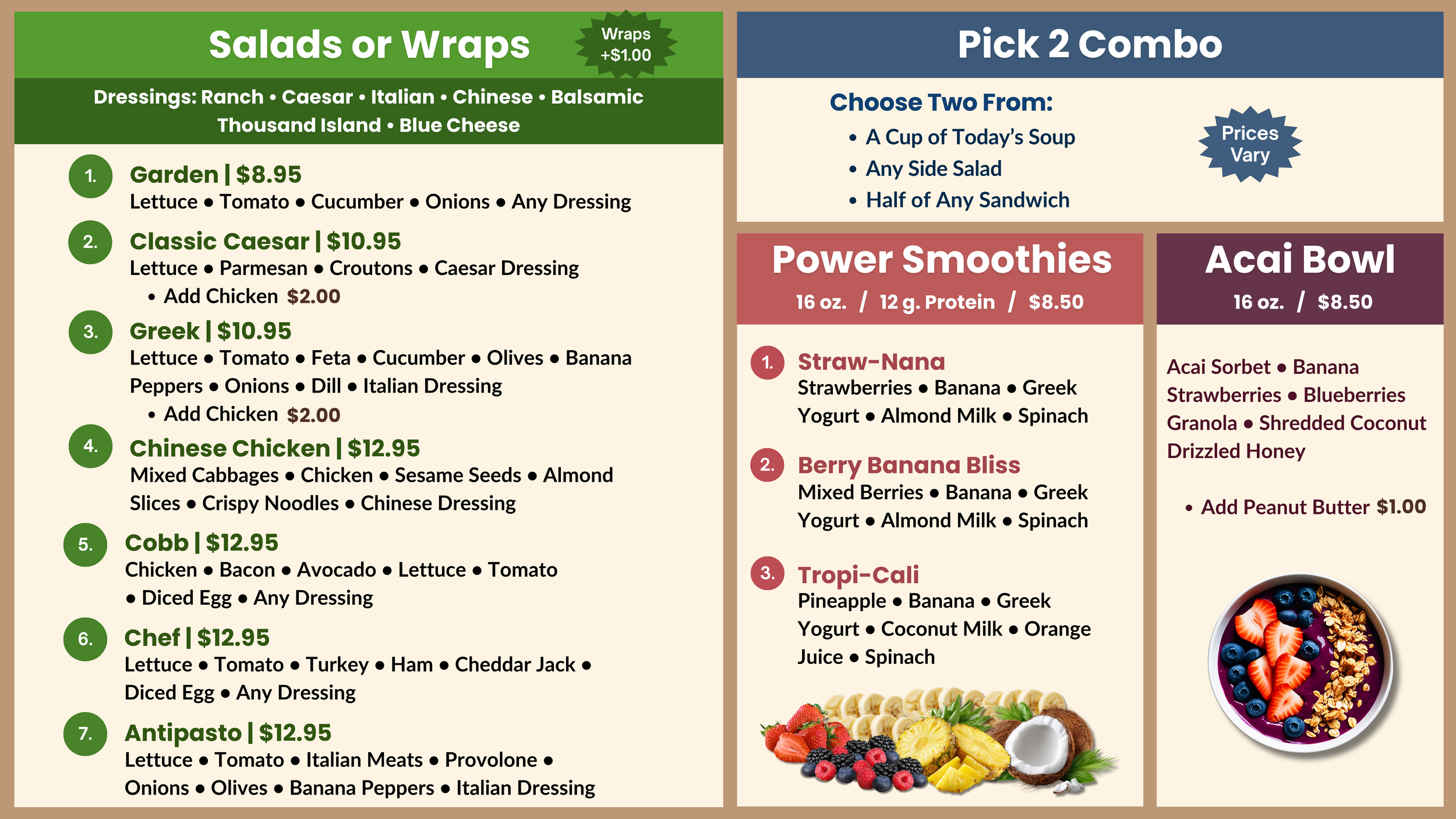 Menu offering salads, wraps, smoothies, and acai bowls with options and prices, including images of fresh fruit and a smoothie bowl.