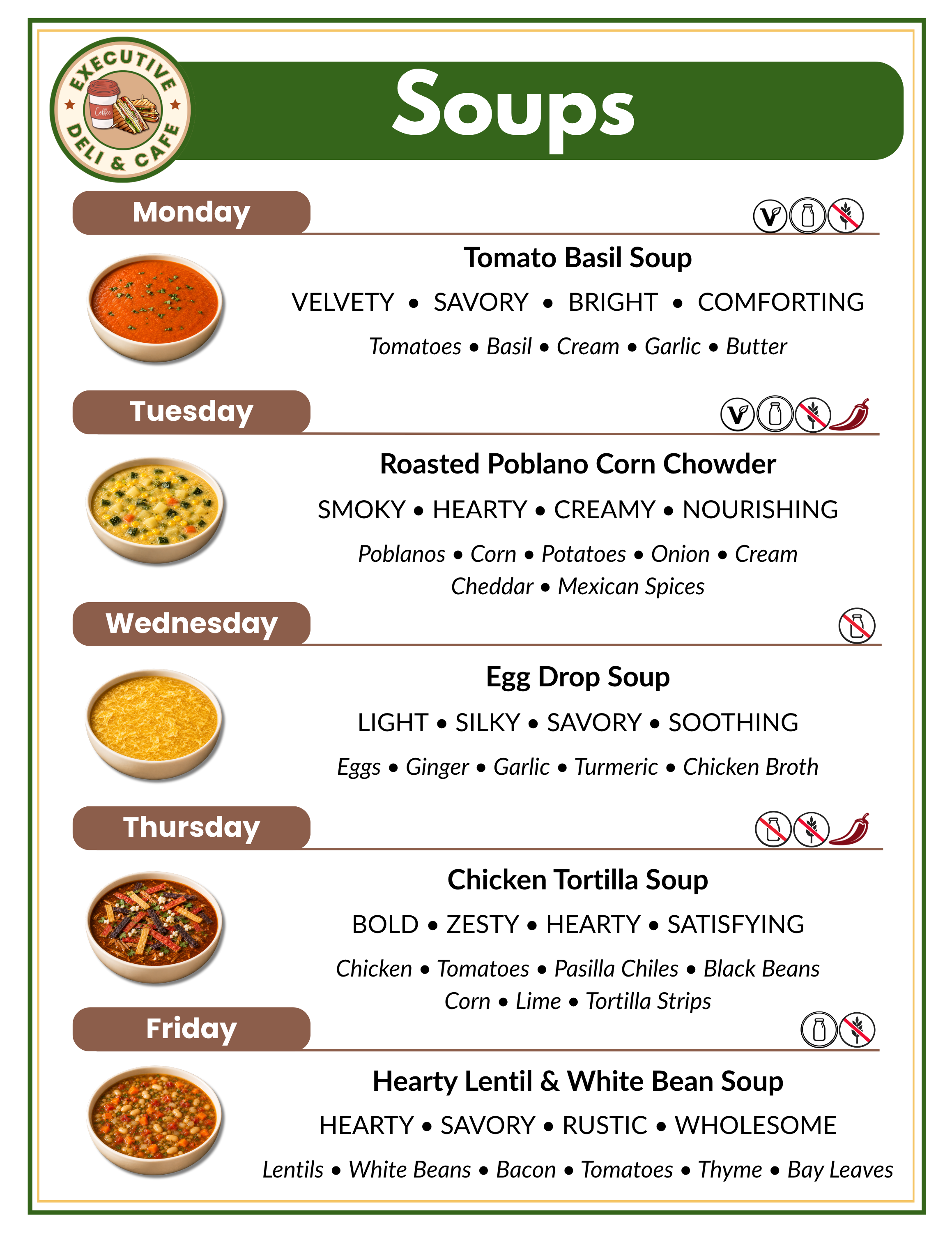 Weekly soup menu from a deli and cafe restaurant, listing different soups and their ingredients for each day from Monday to Friday, with icons indicating dietary information.