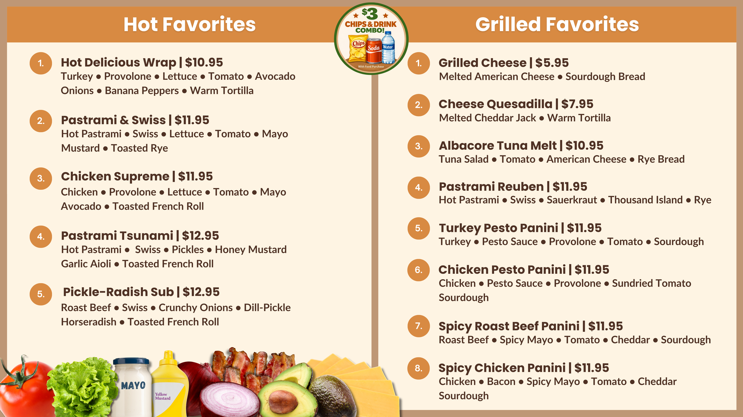 Menu featuring hot and grilled food options, including sandwiches, quesadillas, and paninis with ingredients like turkey, chicken, tuna, cheese, and various vegetables. Prices range from about $5.95 to $12.95.
