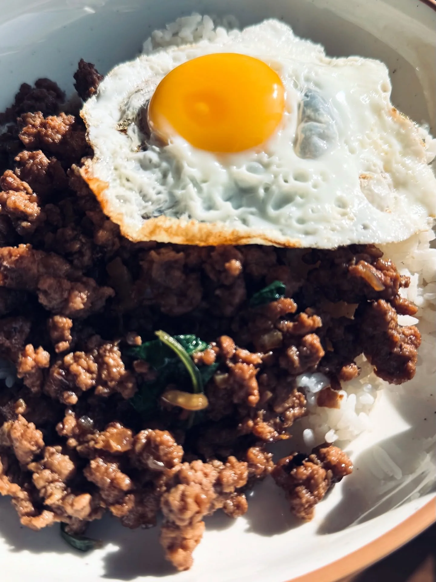 PAD KRA PAO

Thai Basil Stir-Fry

( make it your own if you use what&rsquo;s on hand) 

Quick, spicy, &amp; ready in 15 min! 🍚 

Ingredients: 
- 1 lb ground pork ( I used a beef/pork blend)
- 2 cups holy basil 🌿 (or Thai basil) 
- 6 garlic cloves, 