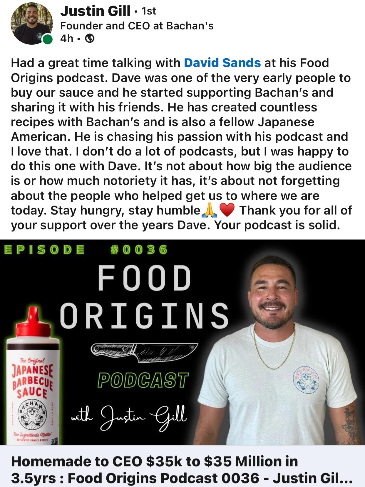 WIN

Congrats @justingill_11 on the $400m acquisition of Bachan&rsquo;s! I thought I would share this post of support from a couple years ago. Honored to have you share your knowledge and experience with everyone. A fellow Japanese American. Apprecia