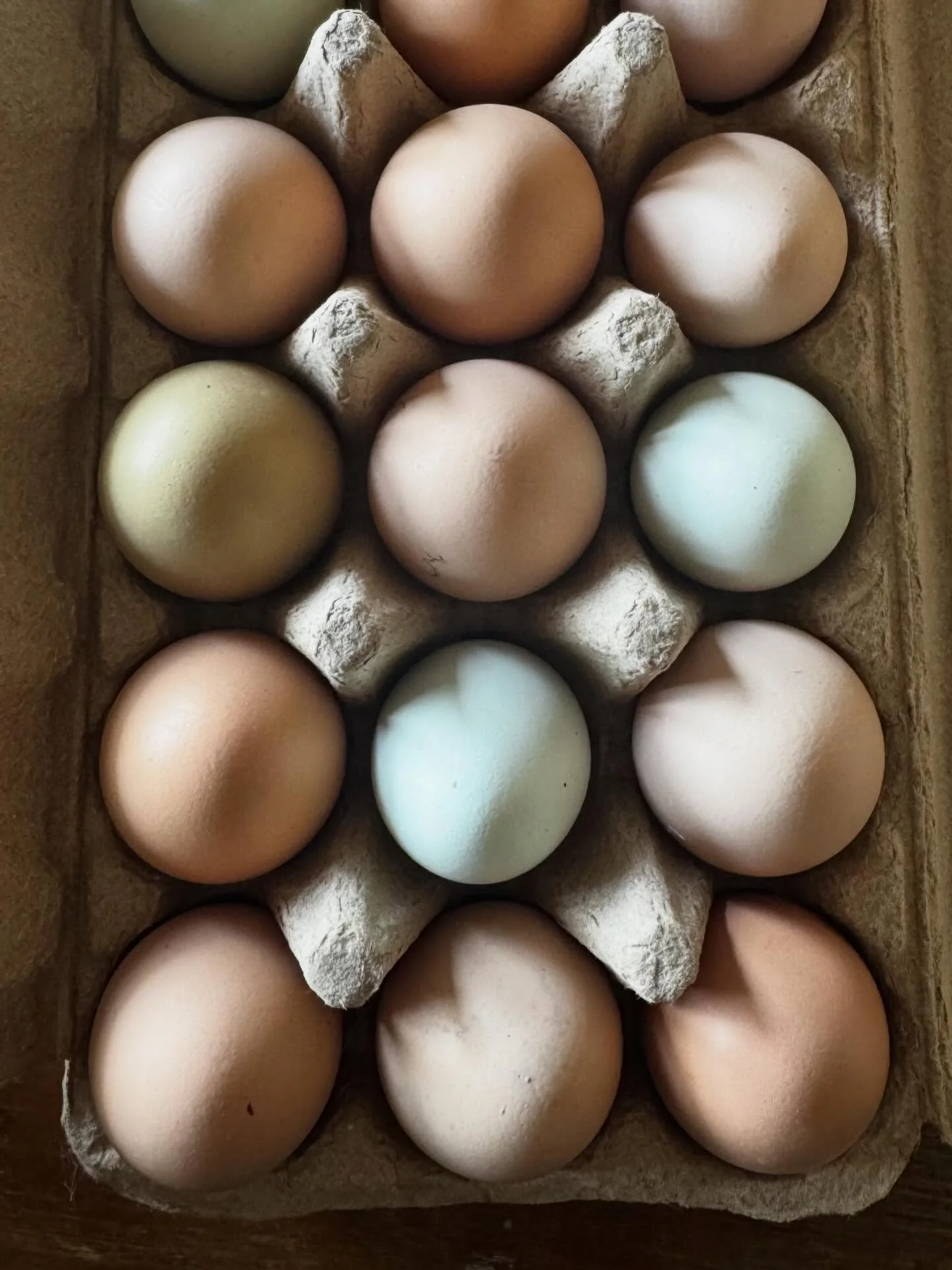 EGGS

Fresh eggs. Neighbors have a coop with about twenty chickens and we&rsquo;ve supported them since the start. Beautiful results. Hilarious note &ldquo;Butt Nuggets&rdquo; . Different light showing all the shades of shell colors. 

#eggs #chicken
