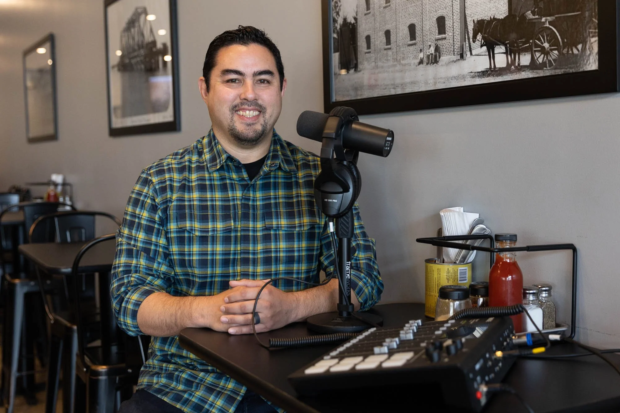 “Food Origins” podcast producer Dave Sands inside State of Mind Public House and Pizzeria in Redwood City on Jan. 12. (Photo by Magali Gauthier)