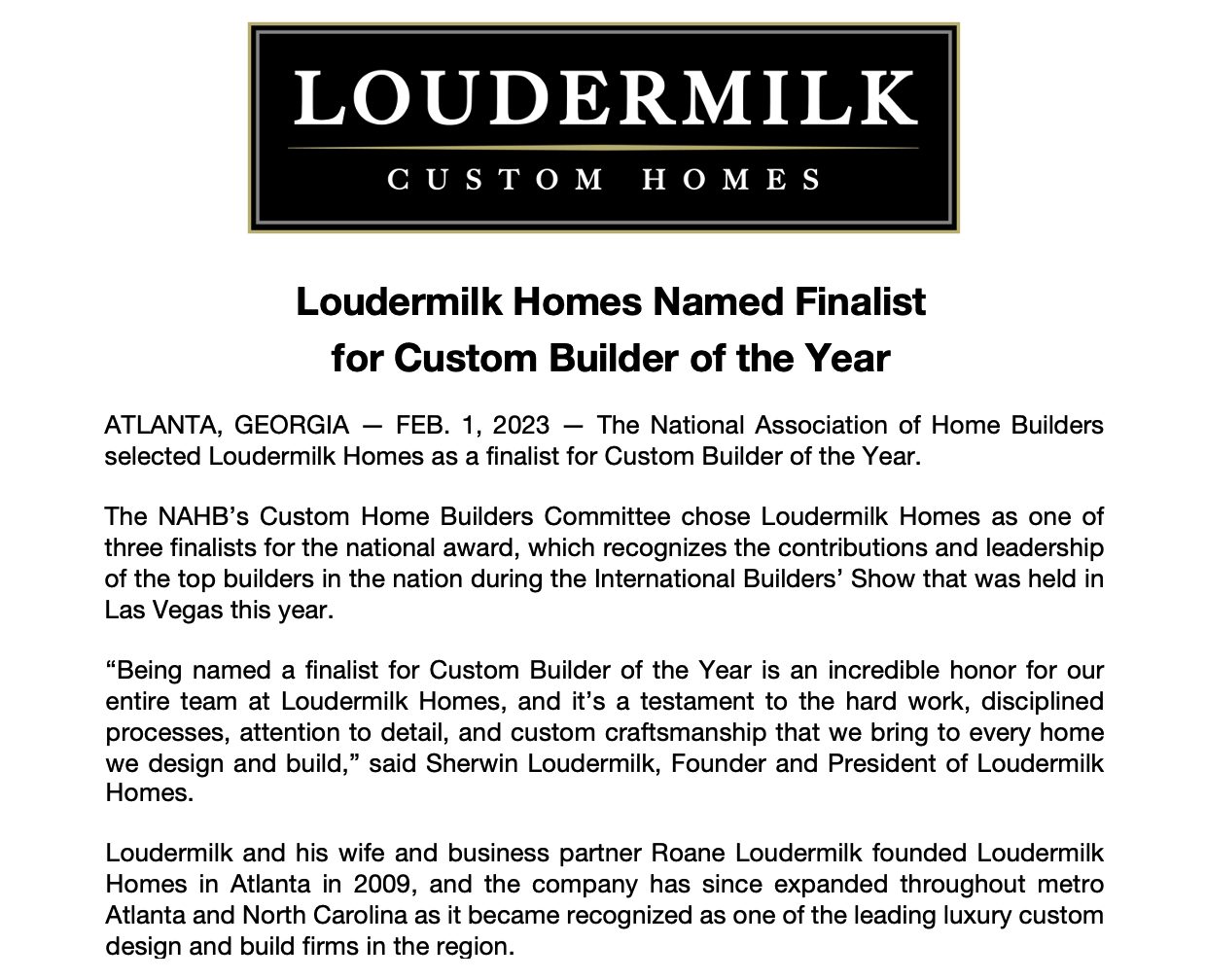 FINALIST FOR CUSTOM HOME BUILDER OF THE YEAR
