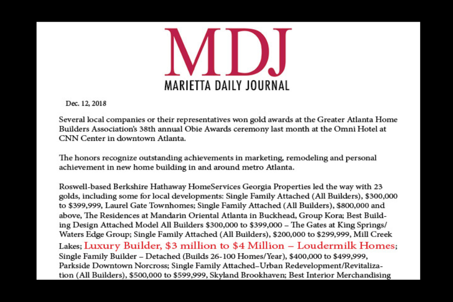 Marietta Daily Journal: Loudermilk Homes Wins OBIE Award