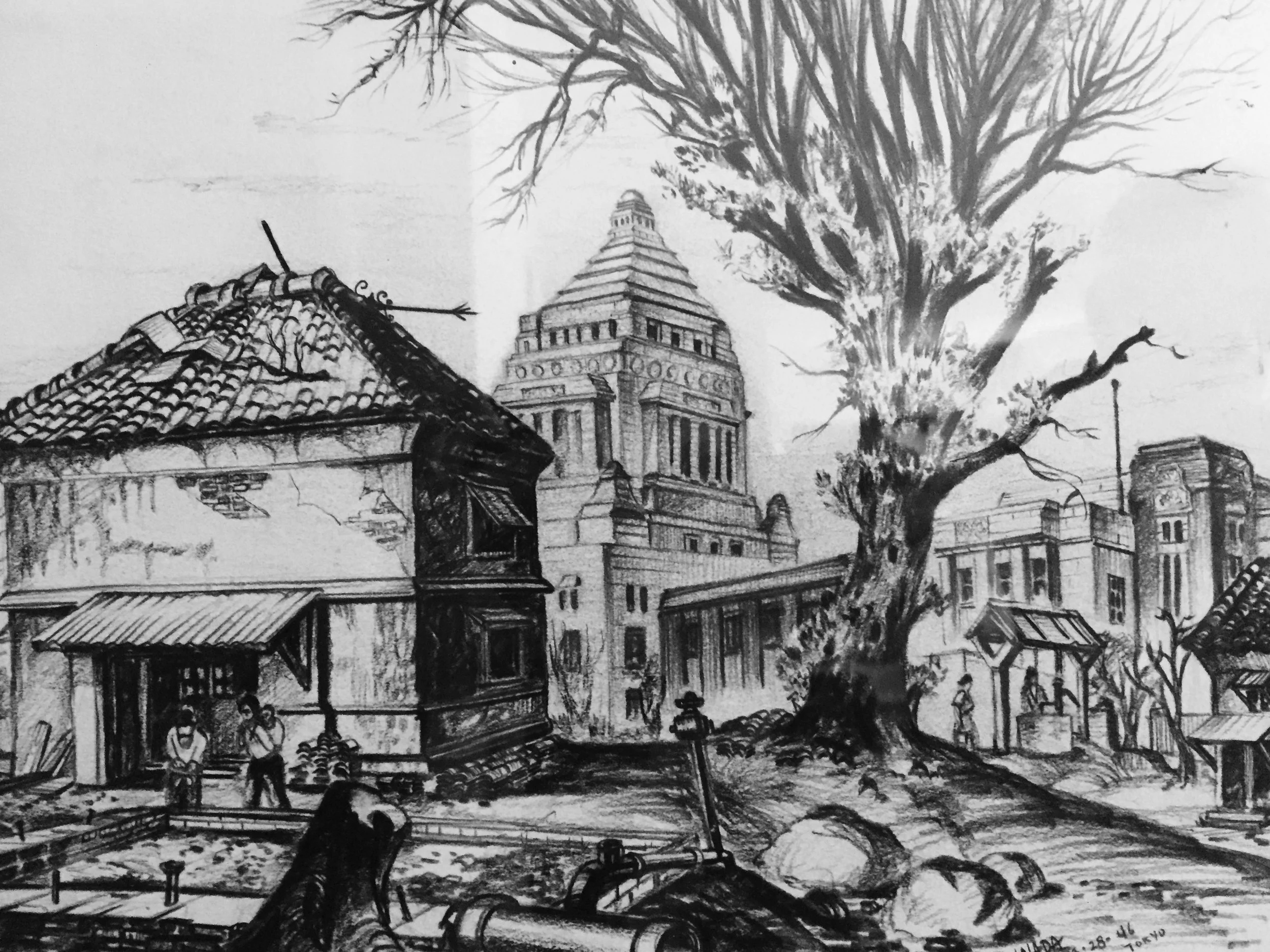 Tom Inada’s sketch of Tokyo and the Diet building, from the perspective of his sister Betty’s apartment.