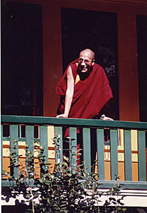 HH Dalai Lama overlooking the Temple grounds, 1980 photo by Shogen Rai