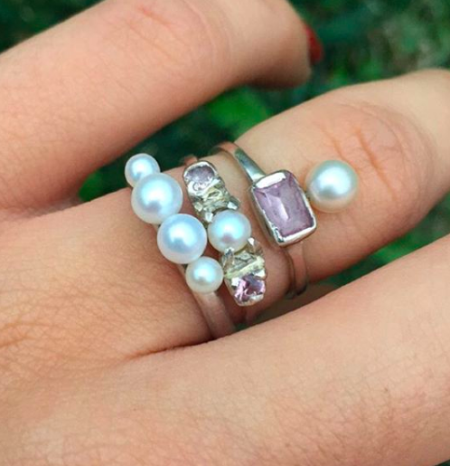 Four pearl ring set in sterling silver Pink sapphires and freshwater pearl set in sterling silver Pink CZ and freshwater pearl set in sterling silver