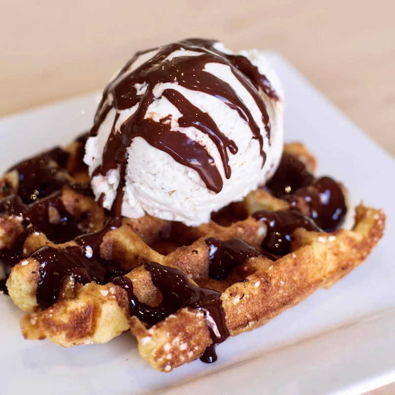 Wafel with ice cream and chocolate ganache