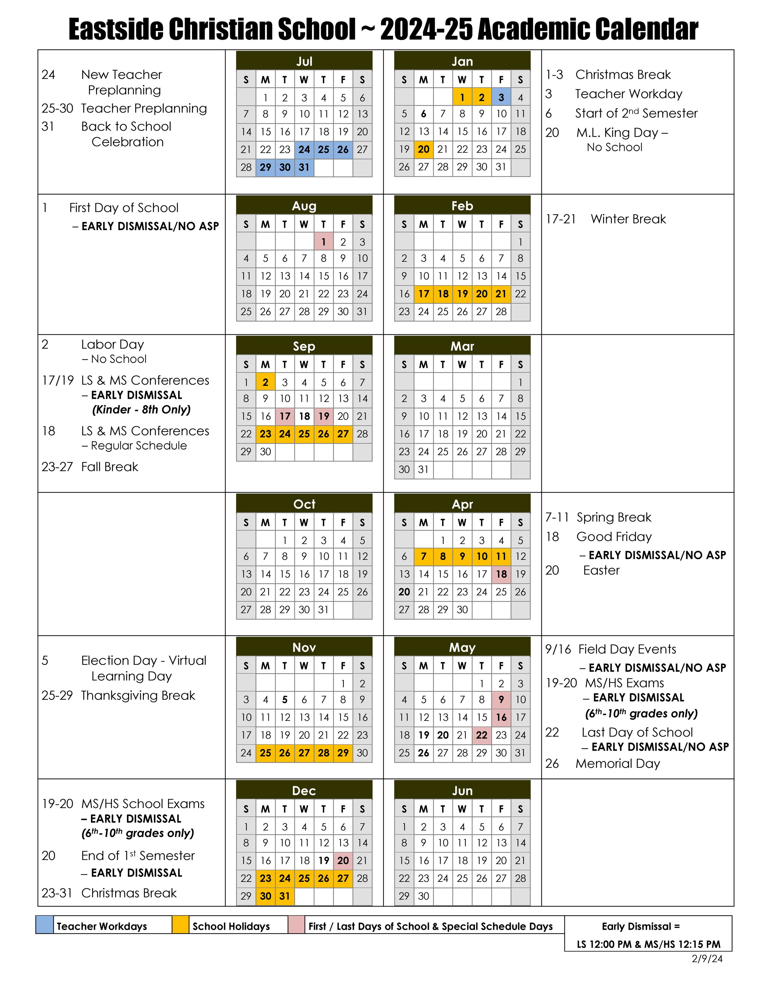 Academic Calendar | Eastside Christian School | East Cobb Private School