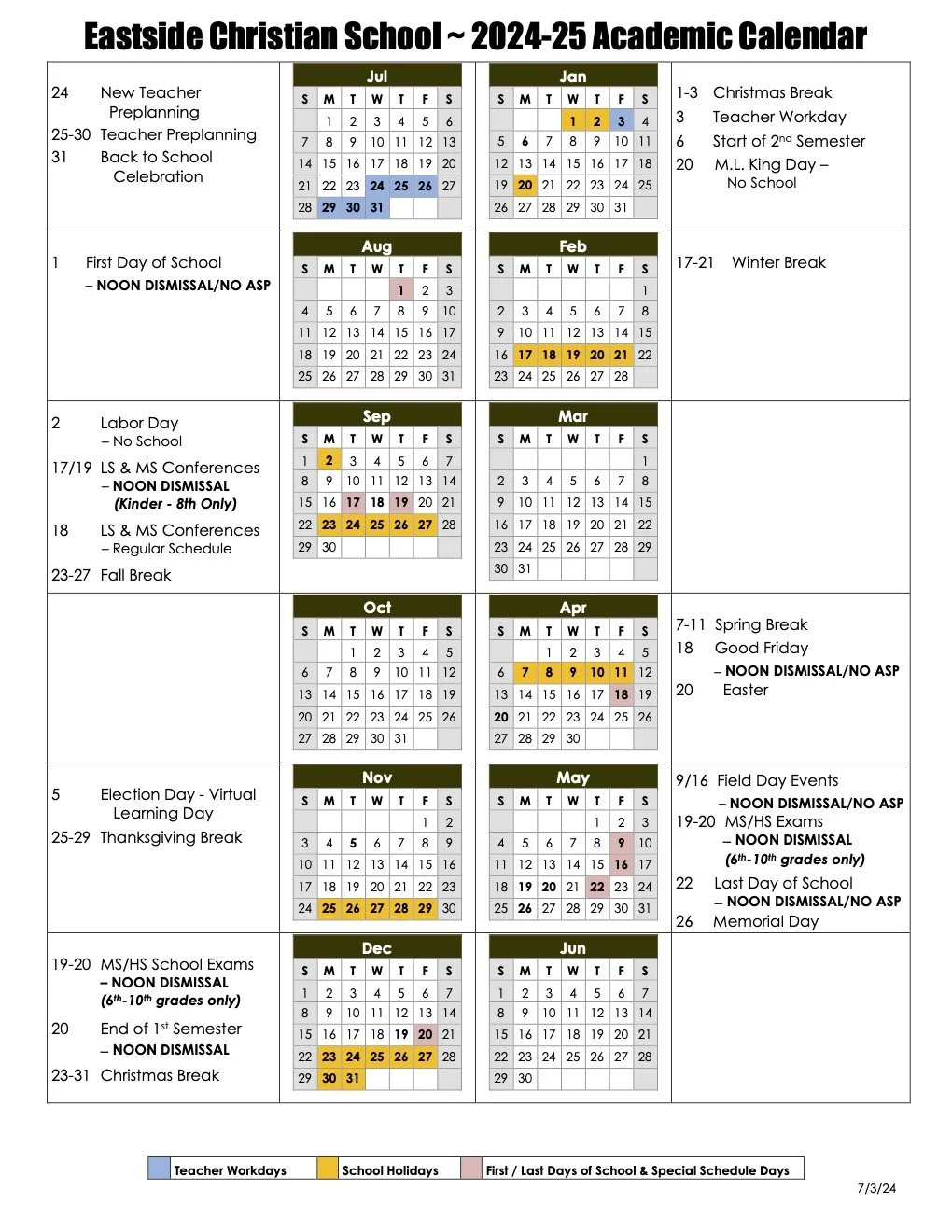 Academic Calendar Eastside Christian School East Cobb Private School