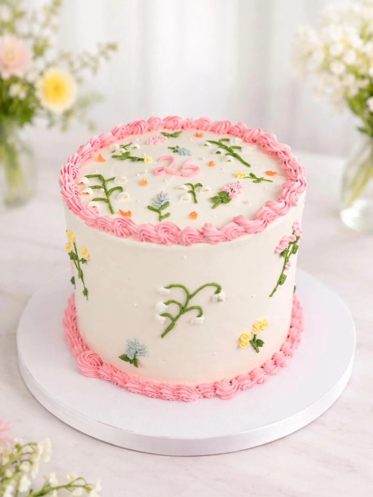 Thank you to this sweet customer for asking me to make this cake. It&rsquo;s the first time I&rsquo;ve piped Lily of the Valley flowers (the white flowers). They loved it as did I! 💐🥰
.
.
. 8 inch , vanilla bean buttercream w/ chocolate cake
. 
#cl