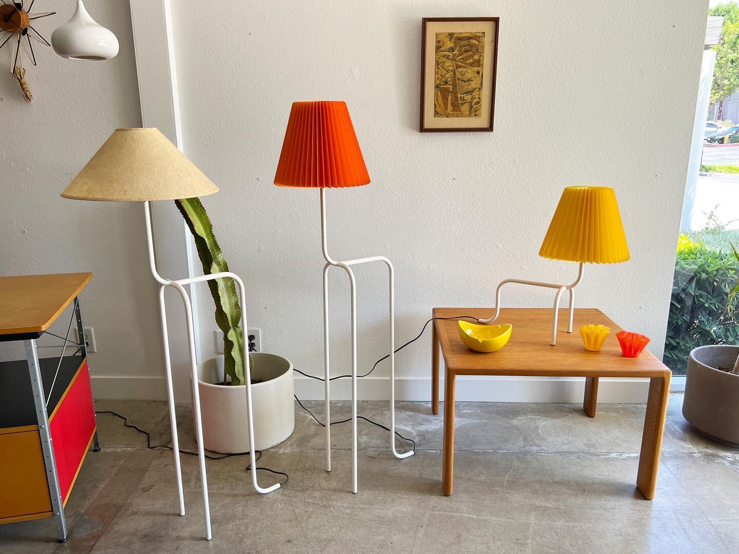 Lamps💡by David Design of Sweden. Designed and produced in the 90s. You could say these are a lamp version of a stack figure drawing you drew as a kid. We&rsquo;ve rewired each lamp and added two vintage new old stock danish pleated shades in orange 