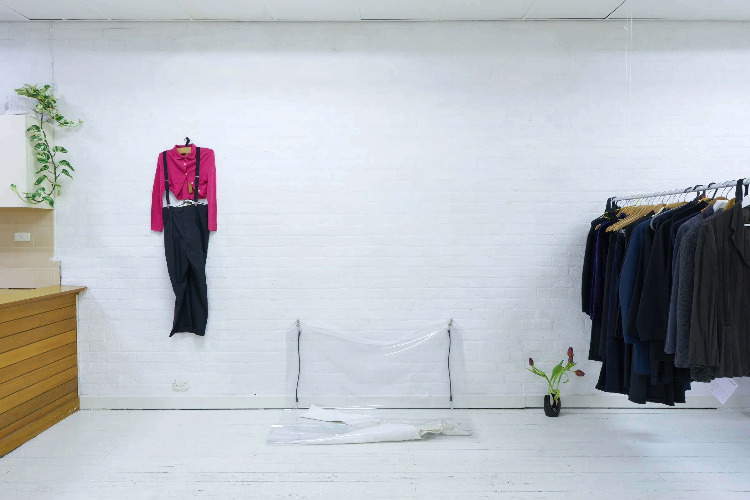left to right: Tania Saxon, Hanger from Props Dept. collection , Belgian. Date unknown. Kobe Donaldson, Variation on the foordrobe , 2019. PVC, EPDM rubber, brass.