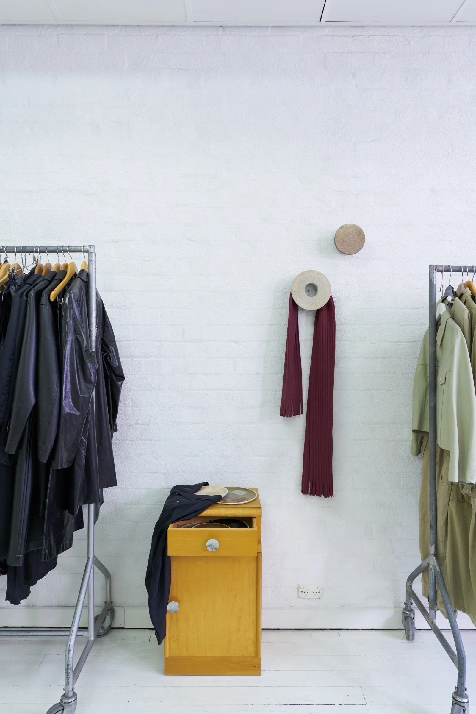 left to right: Debbie Pryor, Abstraction (five pieces), 2019. Ceramic & glaze. Jordan Gower, Hubble Prototype I & II, 2019. Stoneware & aluminium. Christopher Arblaster, Variable height hanger (depending on weight of garment hung), 2019. Wood, metal, rubber band.