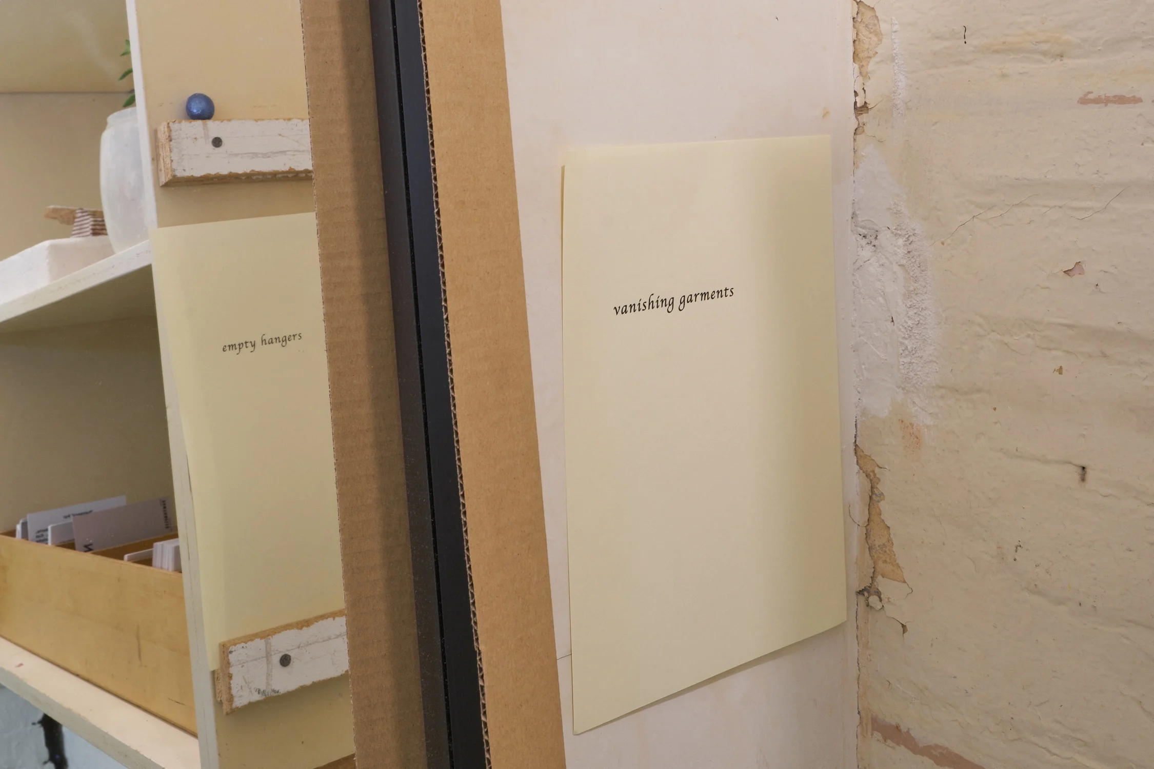 Grace Marlow, The hanger is a snitch, 2019. 4 sheets of Kaskad a4 coloured paper (Curclew Cream), text (Apple Chancery and Edwardian Script ITC).