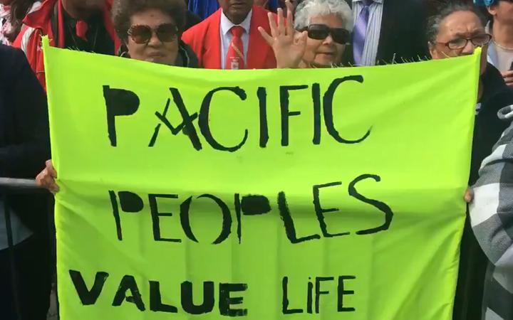 A banner at the protest against the End of Life Choice Bill. Photo: RNZ Pacific / Dominic Godfrey