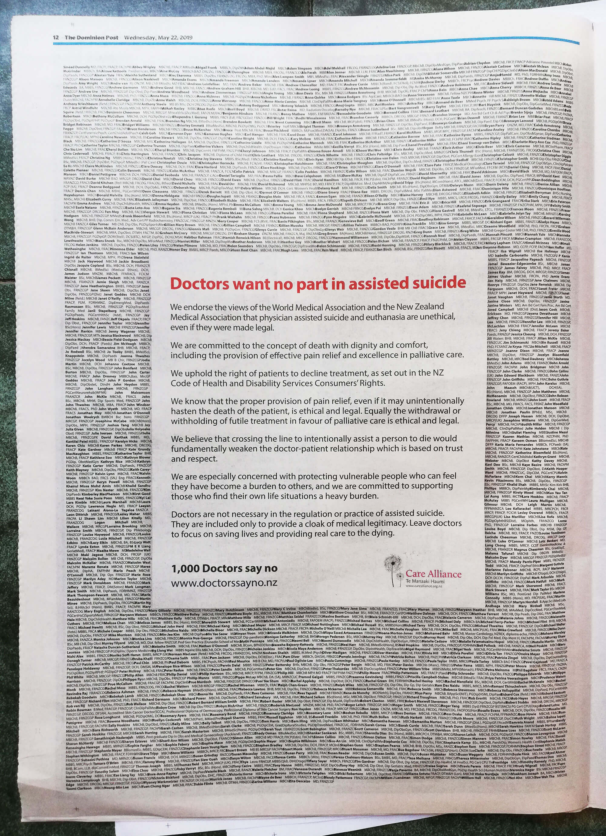 Dominion Post: Doctors want no part in assisted suicide full page advert