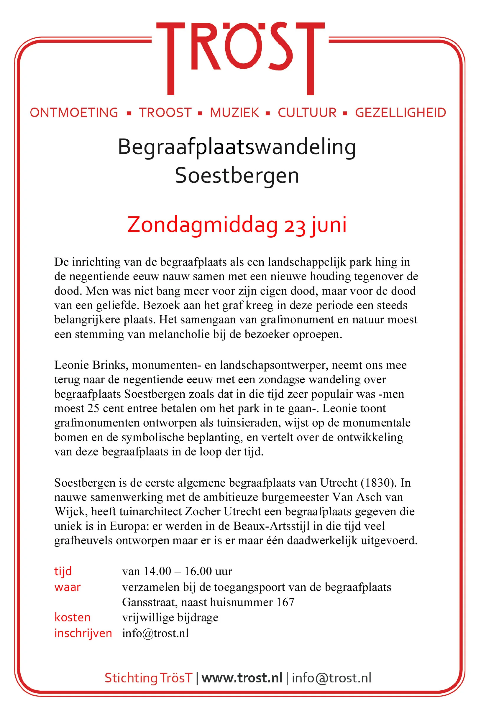Flyer over begraafplaatswandeling op Soestbergen op 23 juni, organisatie: Stichting TrösT