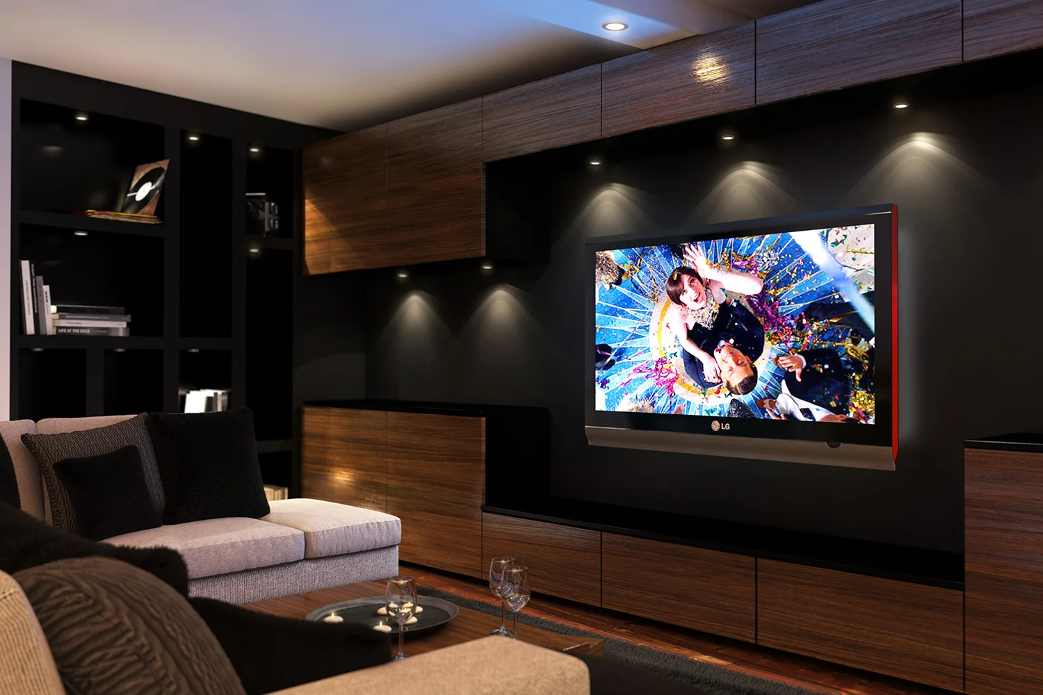 CGI visualisation Lounge with HD TV on wall, sofa, table and timber finish