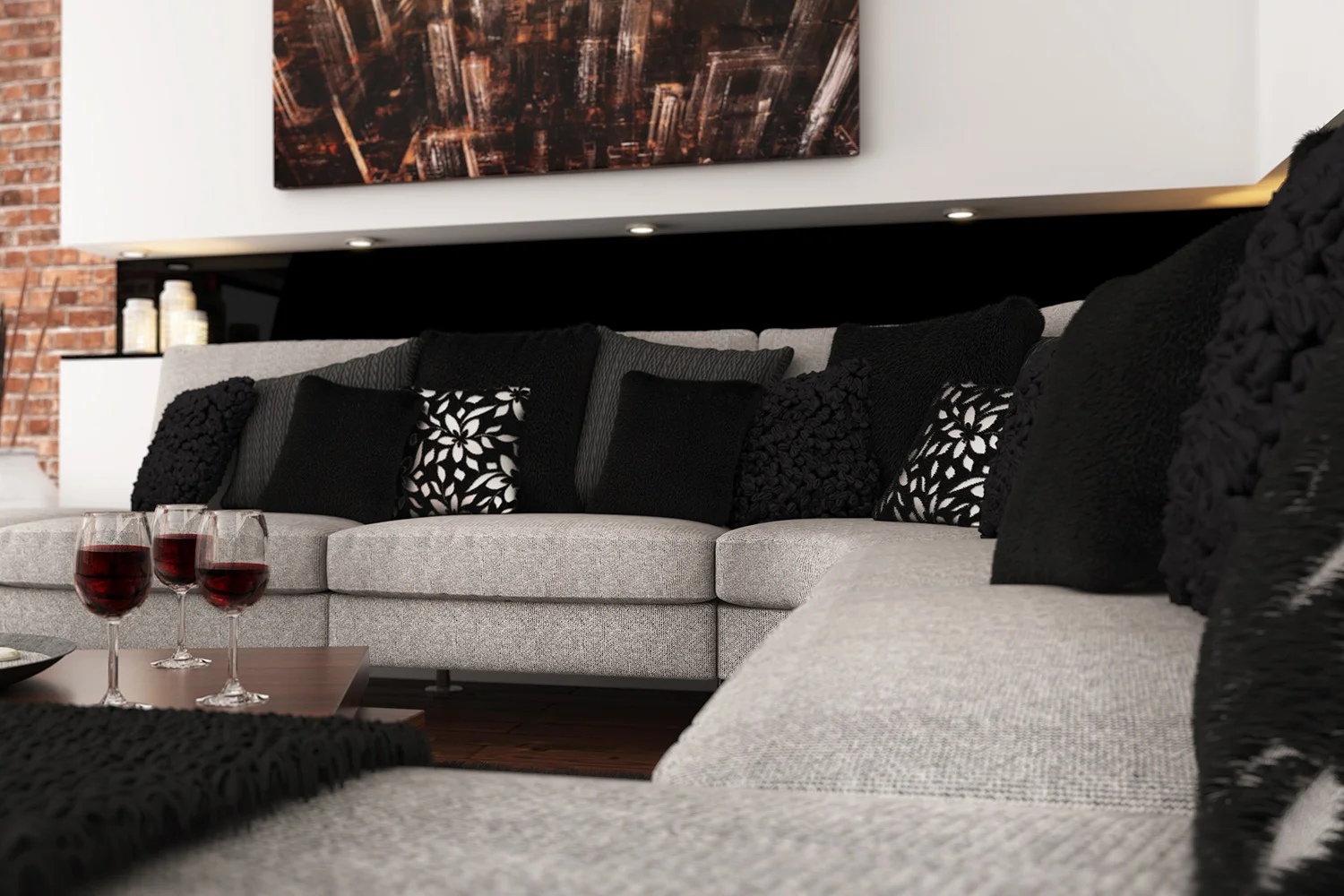 CGI visualisation Lounge with sofa, cushions and wine glasses