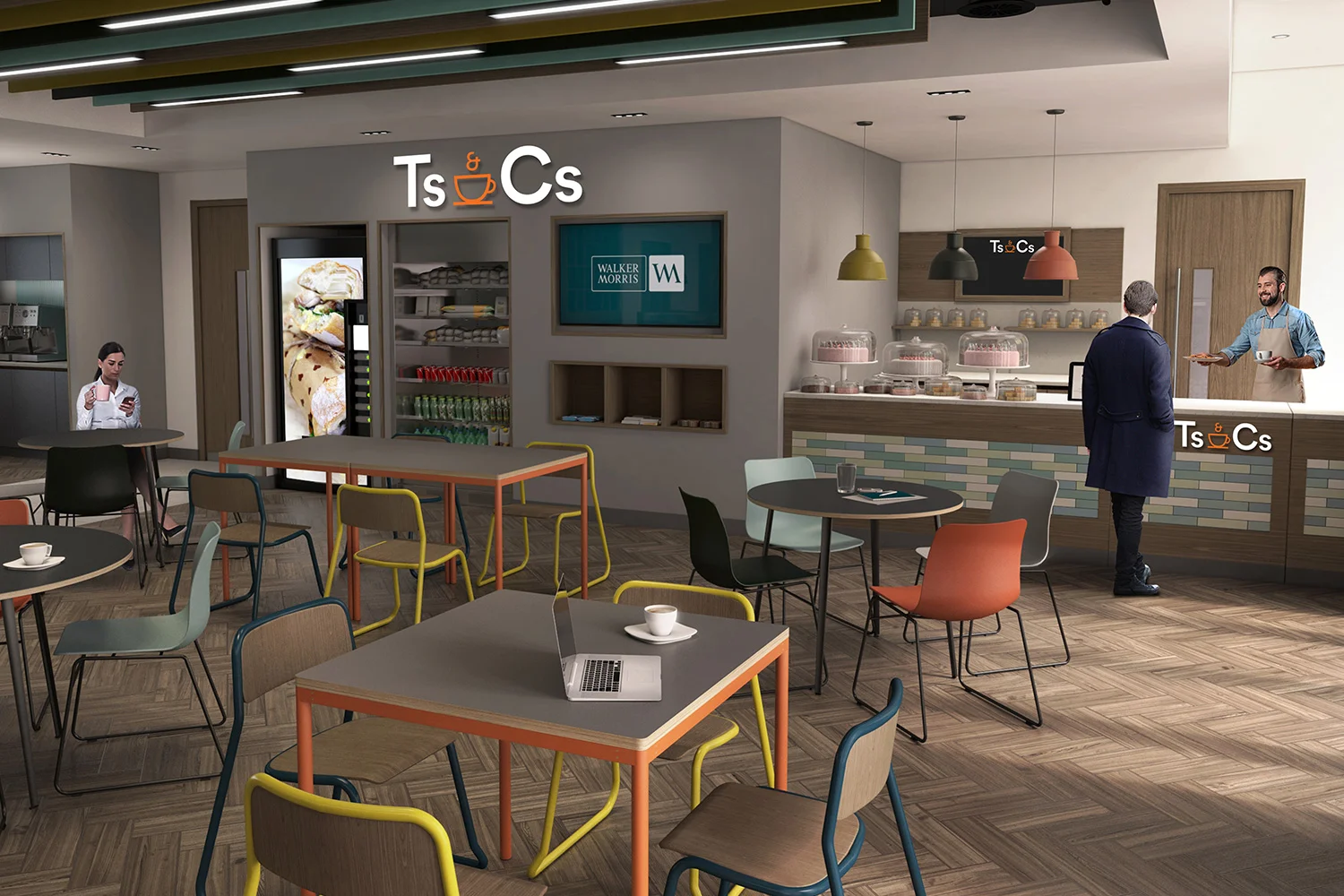 CGI visualisation Cafe servery area with blackboard, TV and vending machine