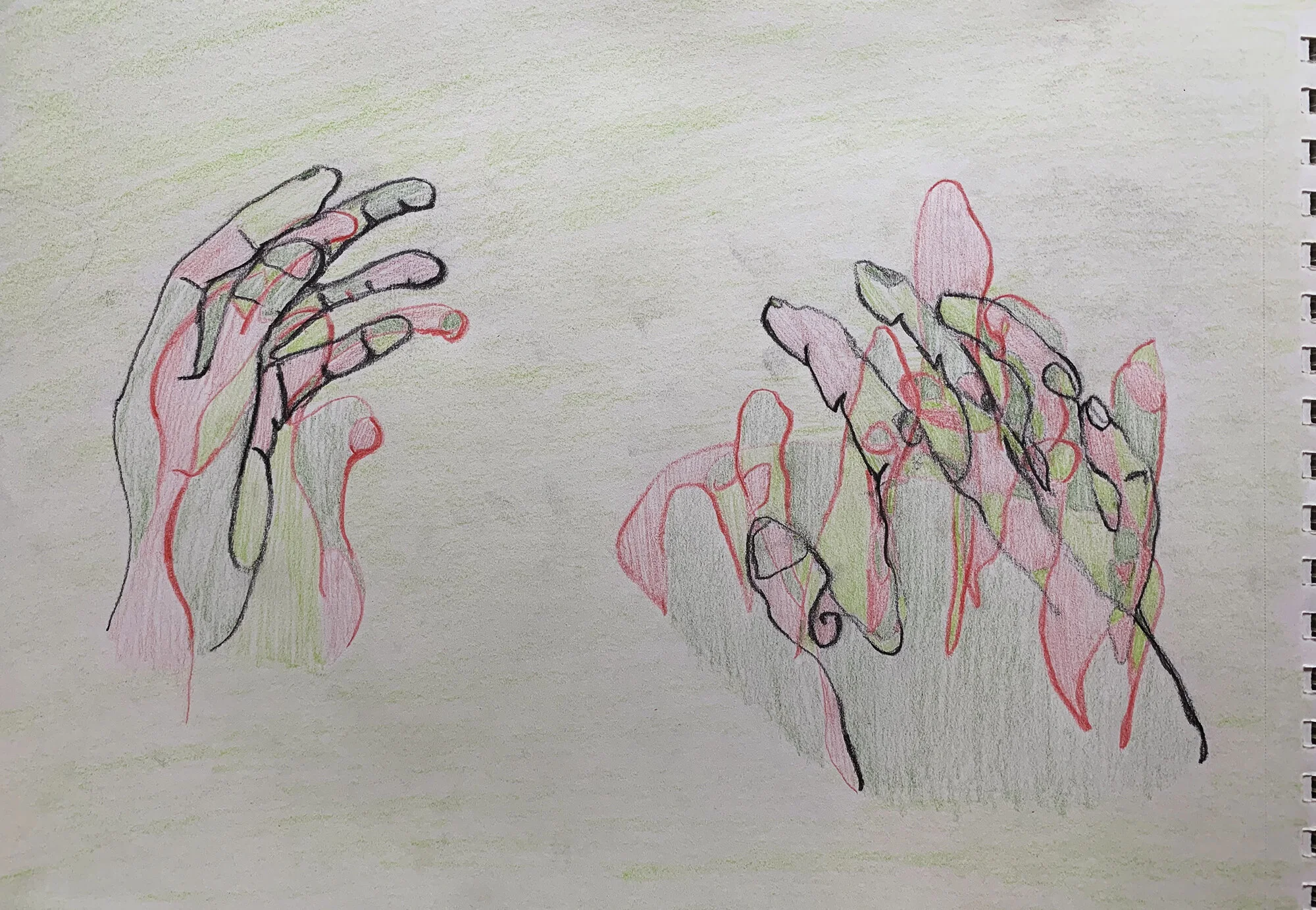   Draw your Hand - While online they drew their hands in many ways from not looking at the paper, drawing it with only hard lines, to only depicting shadows   This is without looking.    Graphite on paper  