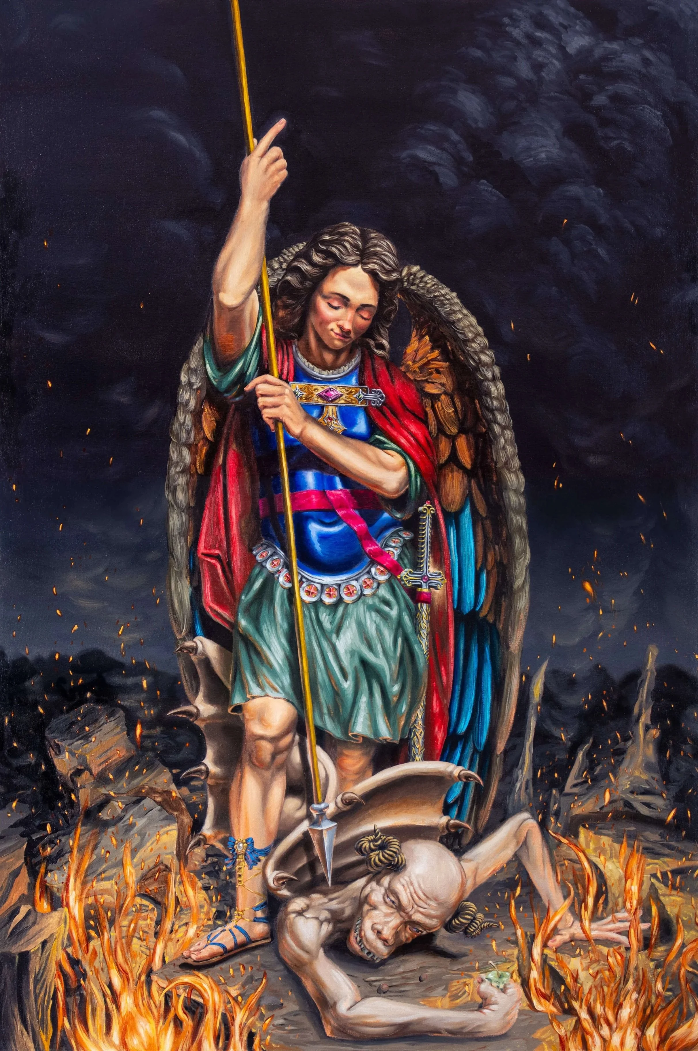  St. Michael Thrusting Satan into Hell  
oil on canvas over panel, 56x34 inches, 2023