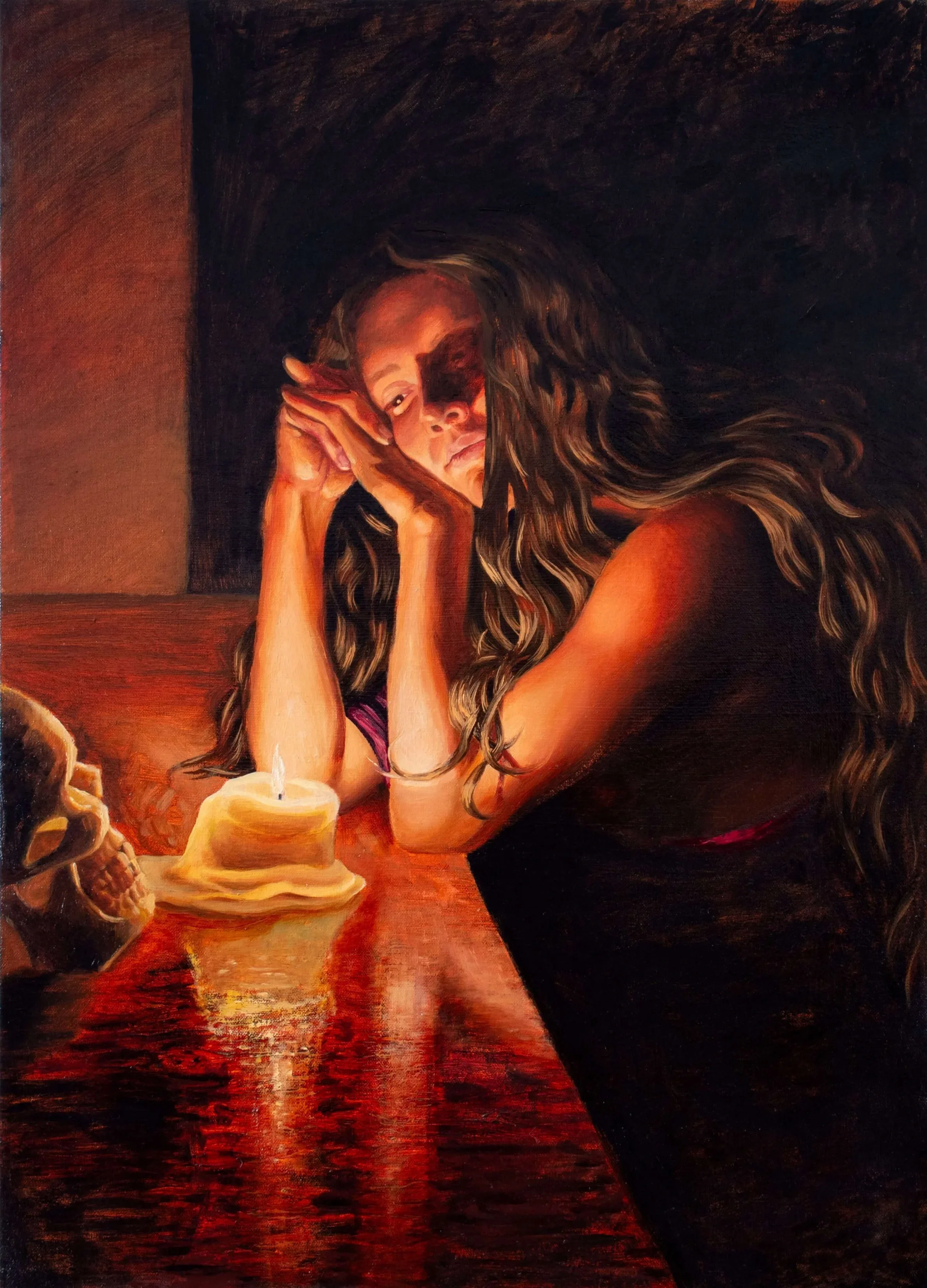  Mary Magdalene Contemplating Death  
oil on canvas over panel, 28x20 inches, 2023