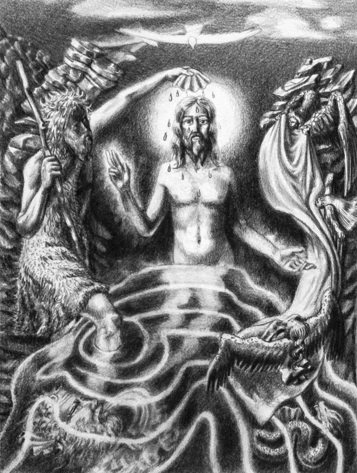  The Baptism of Christ with John the Baptist  
Drawing on Paper, 12x10 inches, 2025