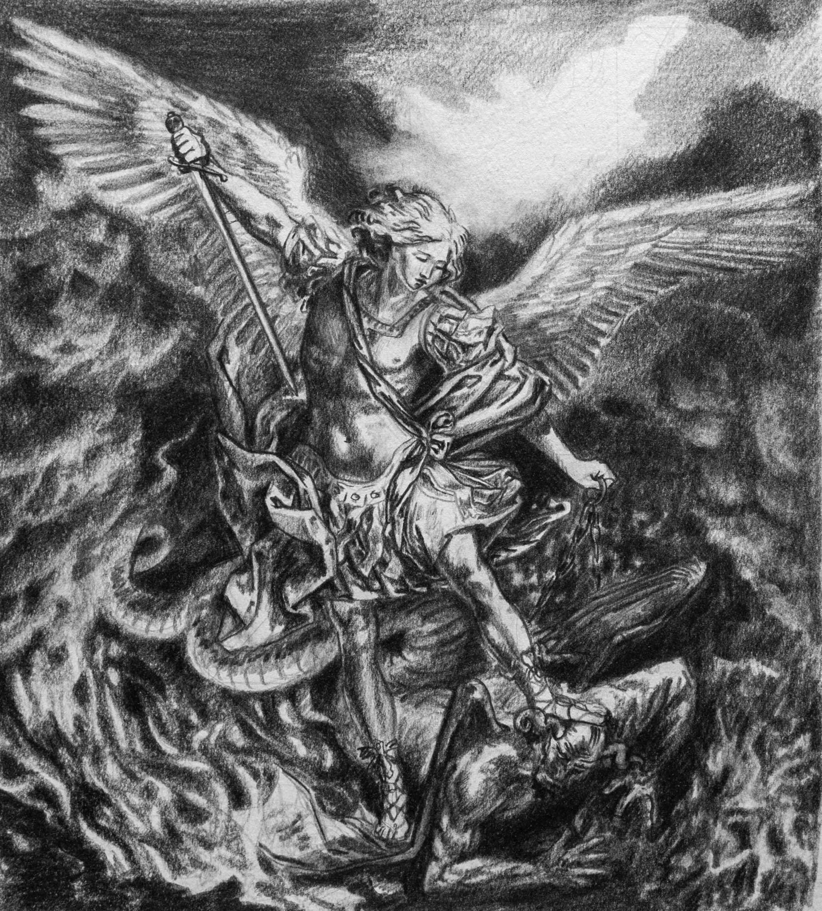  St. Michael after Guido Reni  
Drawing on Paper, 12x10 inches, 2025