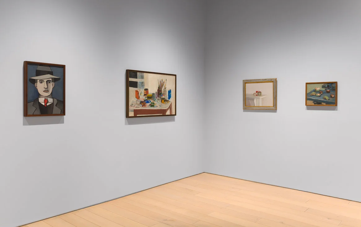 FROM LEFT, JEAN HÉLION'S “EDUARD,” (1943); JANE FREILICHER'S “THE PAINTING TABLE” (1954); RODRIGO MOYNIHAN'S “LIGHT BULBS” (1982); AND HÉLION'S “UNTITLED (CHESTNUTS),” FROM 1955. CREDITTHE ESTATE OF JOHN ASHBERY; DIEGO FLORES