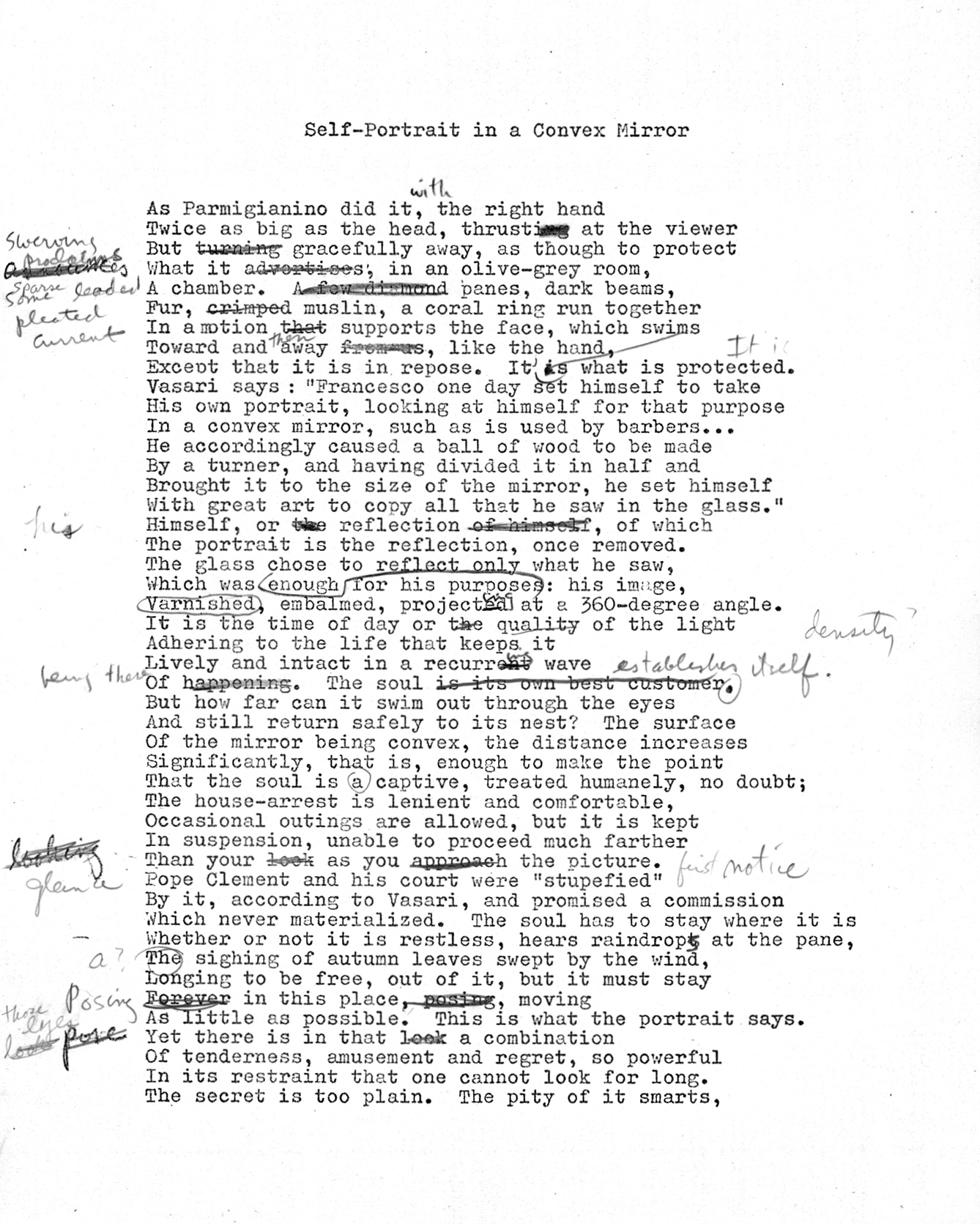 John Ashbery. “Self-Portrait in a Convex Mirror,” typescript with autograph changes, ca. 1974. John Ashbery papers, Houghton Library, Harvard University. © 1974, 1975, 1985, 2008, 2019 Estate of John Ashbery. All rights reserved.
