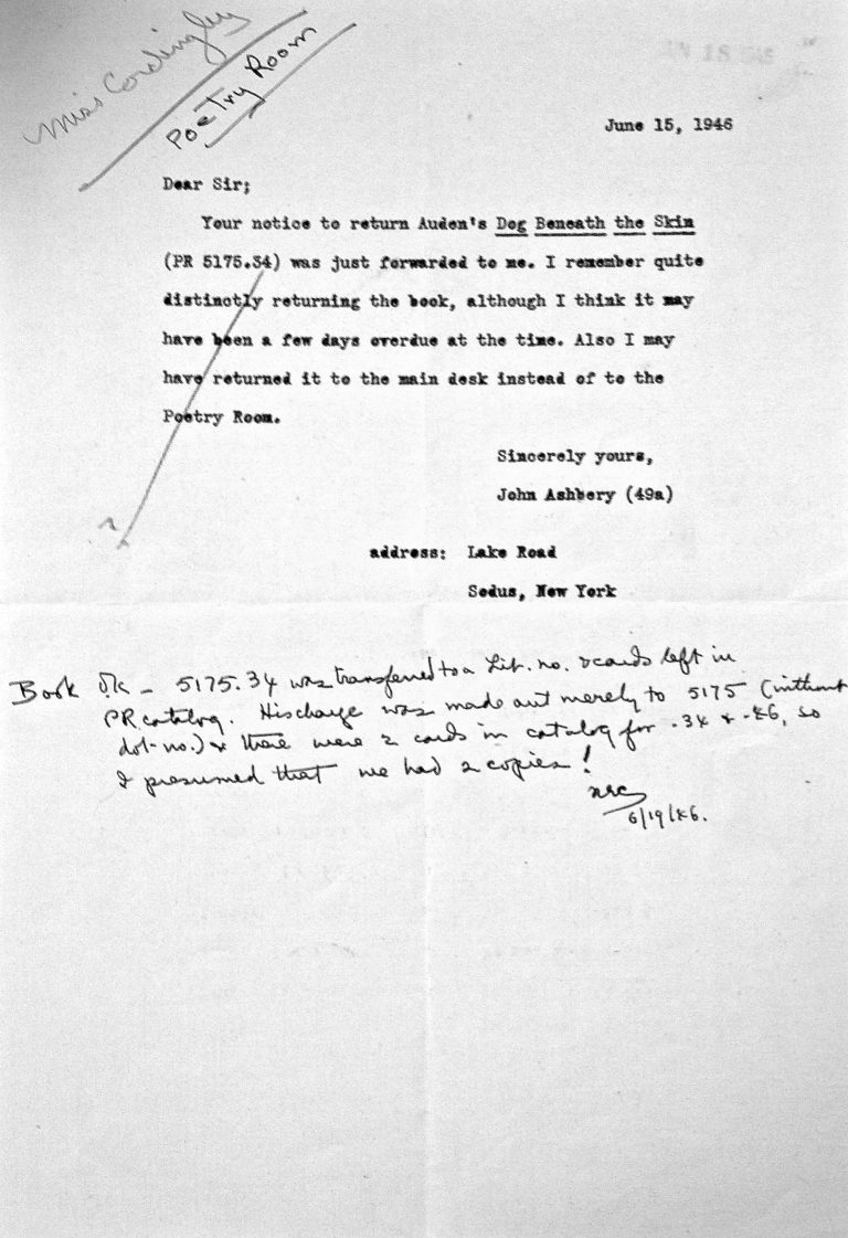 Letter in response to overdue notice to John Ashbery (1946). Courtesy of the Woodberry Poetry Room records.