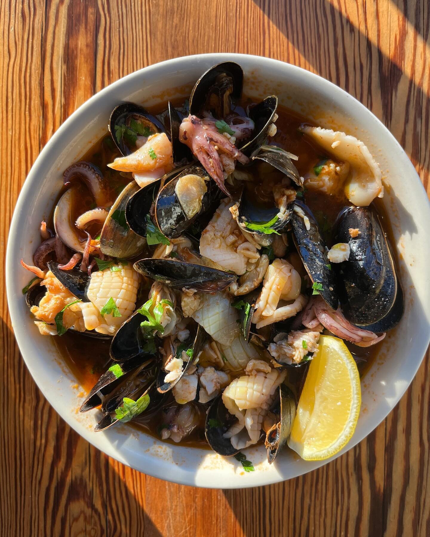 Captain Roger&rsquo;s Cioppino, a full flavored shellfish broth with clams, mussels, oysters, squid and cod. This one&rsquo;s gonna warm your bones. See you at 5! You should also try one of our new cocktails 😉.
.
.
.
#cioppino #soup #shellfish #bone