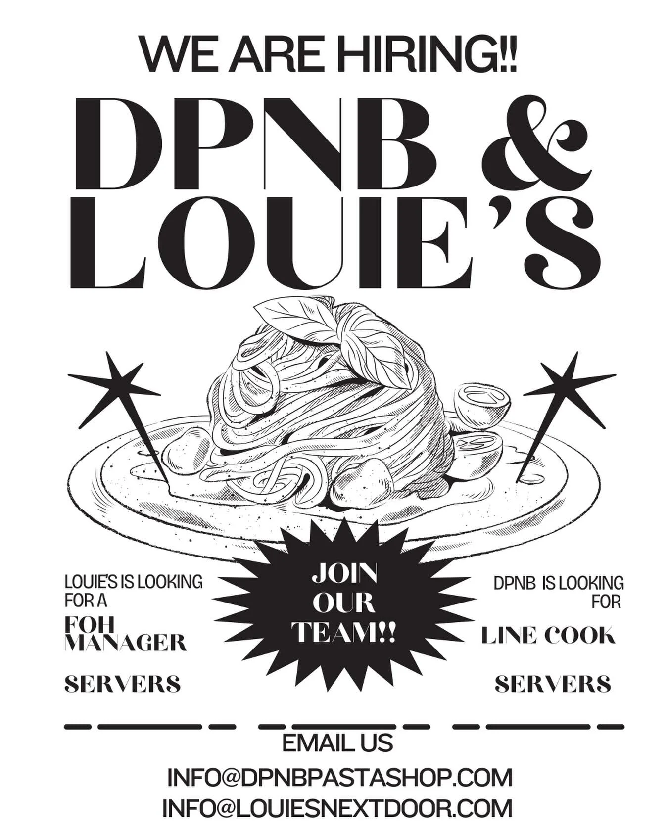 We are gearing up for the warm weather! (Yes it&rsquo;s coming&hellip;) We are looking to bolster our teams at both shops in anticipation! Email us at either info@dpnbpastashop or info@louiesnextdoor.com Look forward to hearing from you.